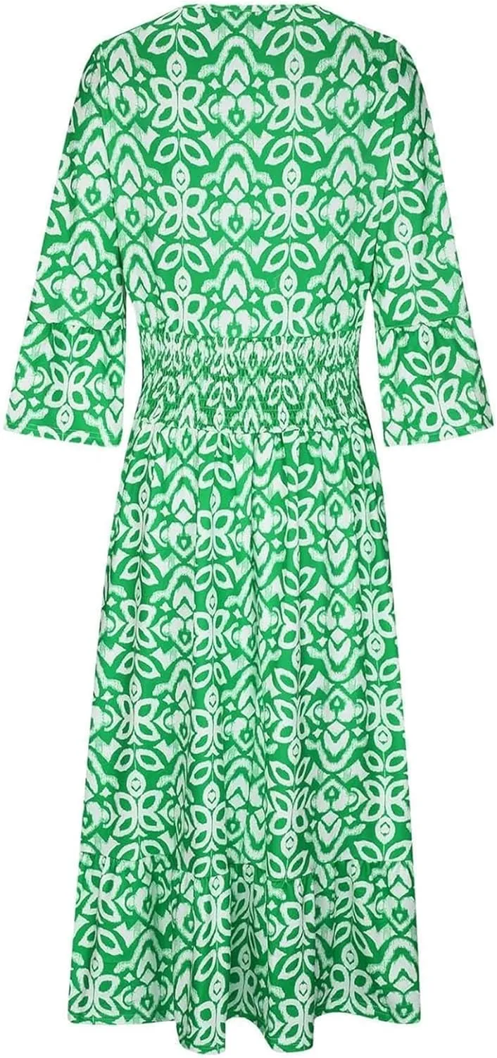 Chvity Boho Women's Summer V Neck Elastic Waist Pleated Half Sleeve Dress Floral Printed Ruffle Hem Dresses