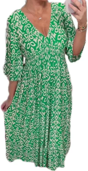 Chvity Boho Women's Summer V Neck Elastic Waist Pleated Half Sleeve Dress Floral Printed Ruffle Hem Dresses