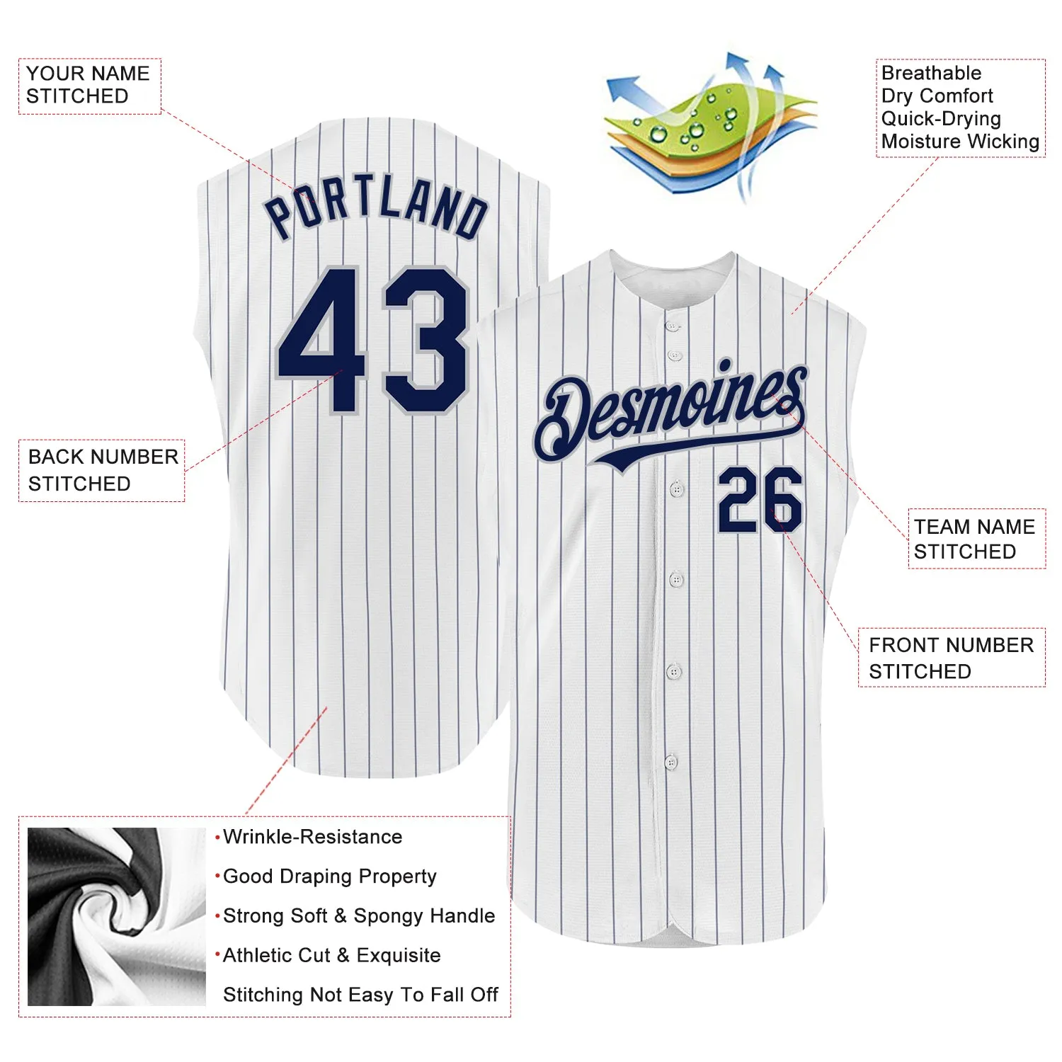 Custom White Navy Pinstripe Old Gold Authentic Sleeveless Baseball Jersey
