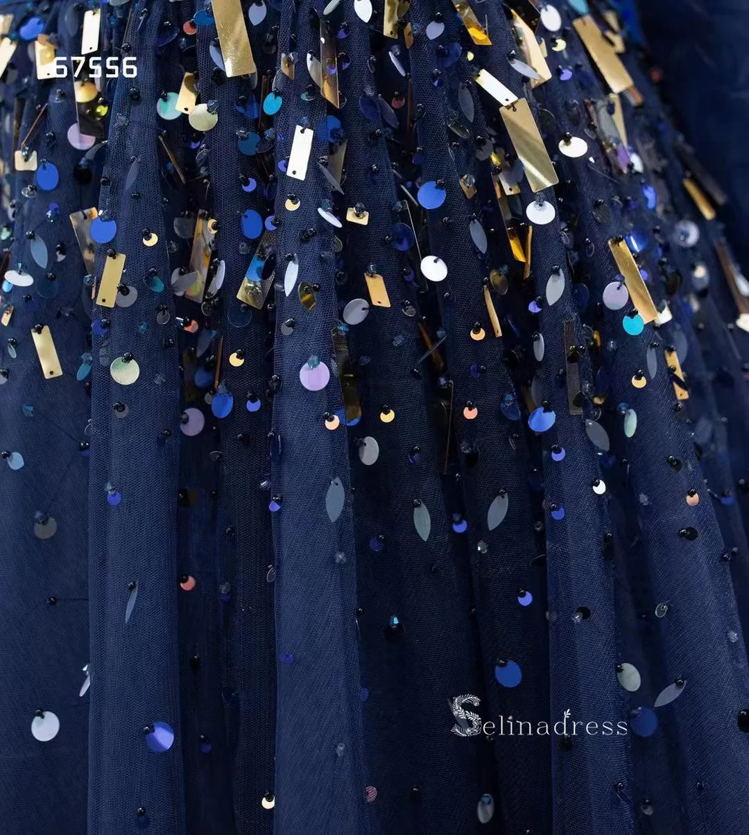 Dark Navy One Shoulder Long Sleeve Beaded Prom Dresses Tulle Evening Dress RSM67556