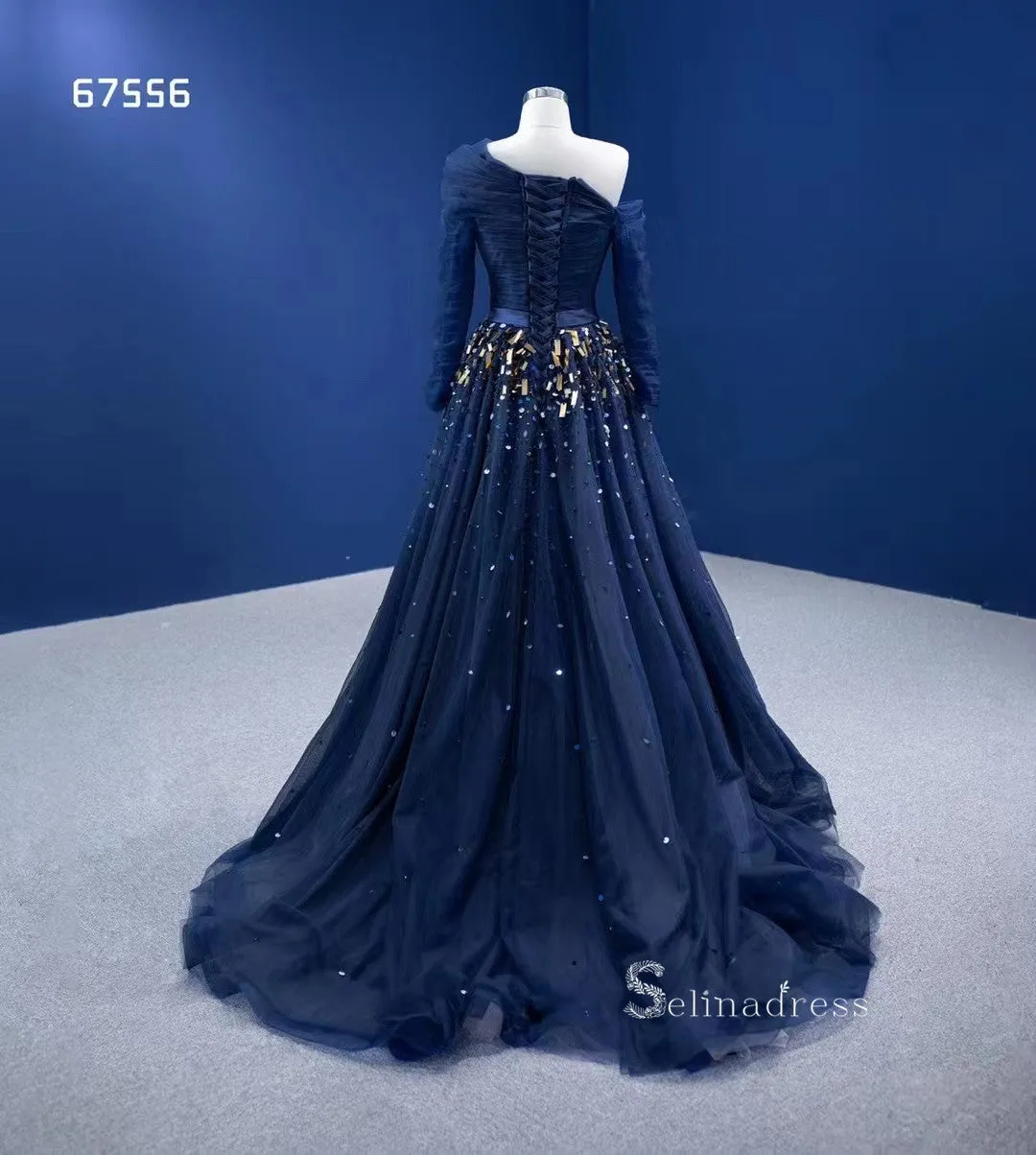 Dark Navy One Shoulder Long Sleeve Beaded Prom Dresses Tulle Evening Dress RSM67556