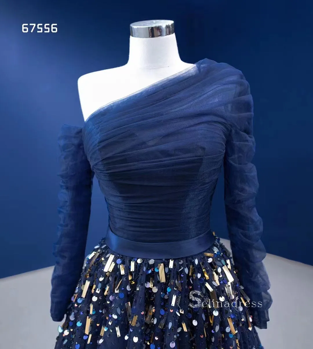 Dark Navy One Shoulder Long Sleeve Beaded Prom Dresses Tulle Evening Dress RSM67556