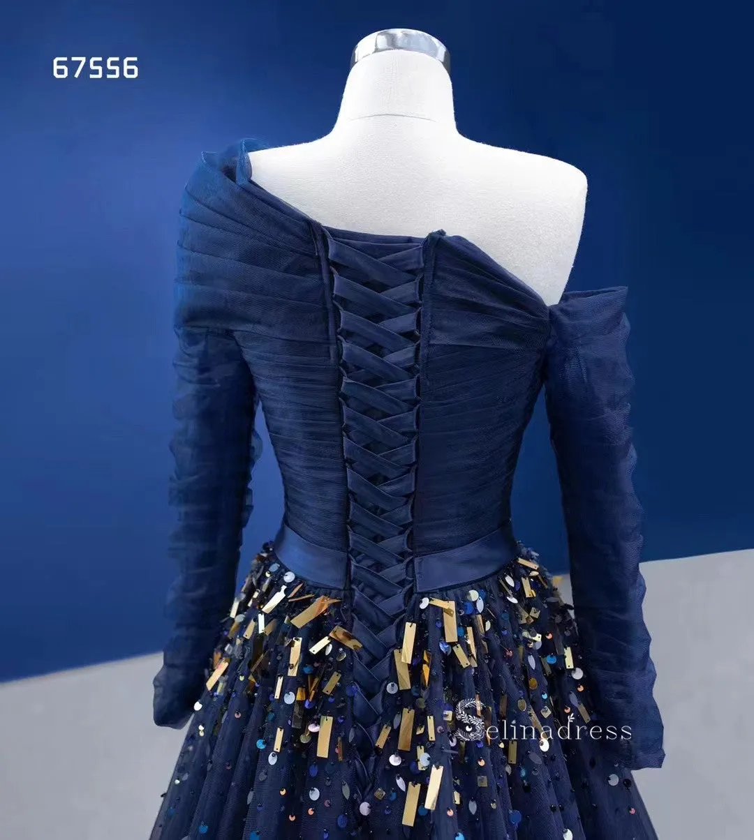 Dark Navy One Shoulder Long Sleeve Beaded Prom Dresses Tulle Evening Dress RSM67556