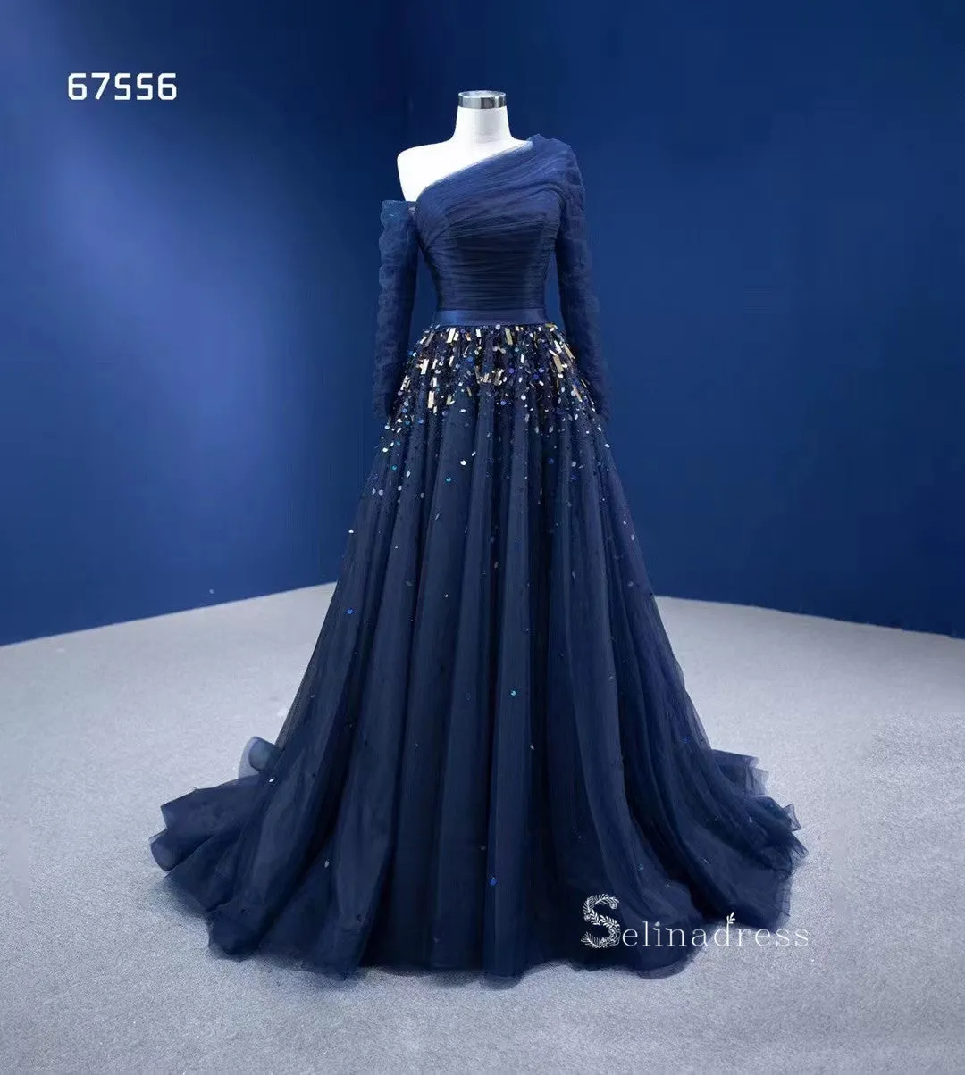 Dark Navy One Shoulder Long Sleeve Beaded Prom Dresses Tulle Evening Dress RSM67556