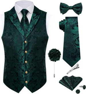 DiBanGu Silk Vest Tie Set for Men,Woven Paisley Dress Waistcoat and Bowtie Pocket Square Cufflinks Lapel Pin Formal Suit Vest