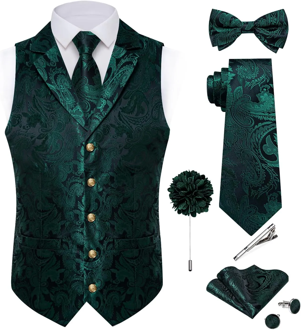 DiBanGu Silk Vest Tie Set for Men,Woven Paisley Dress Waistcoat and Bowtie Pocket Square Cufflinks Lapel Pin Formal Suit Vest