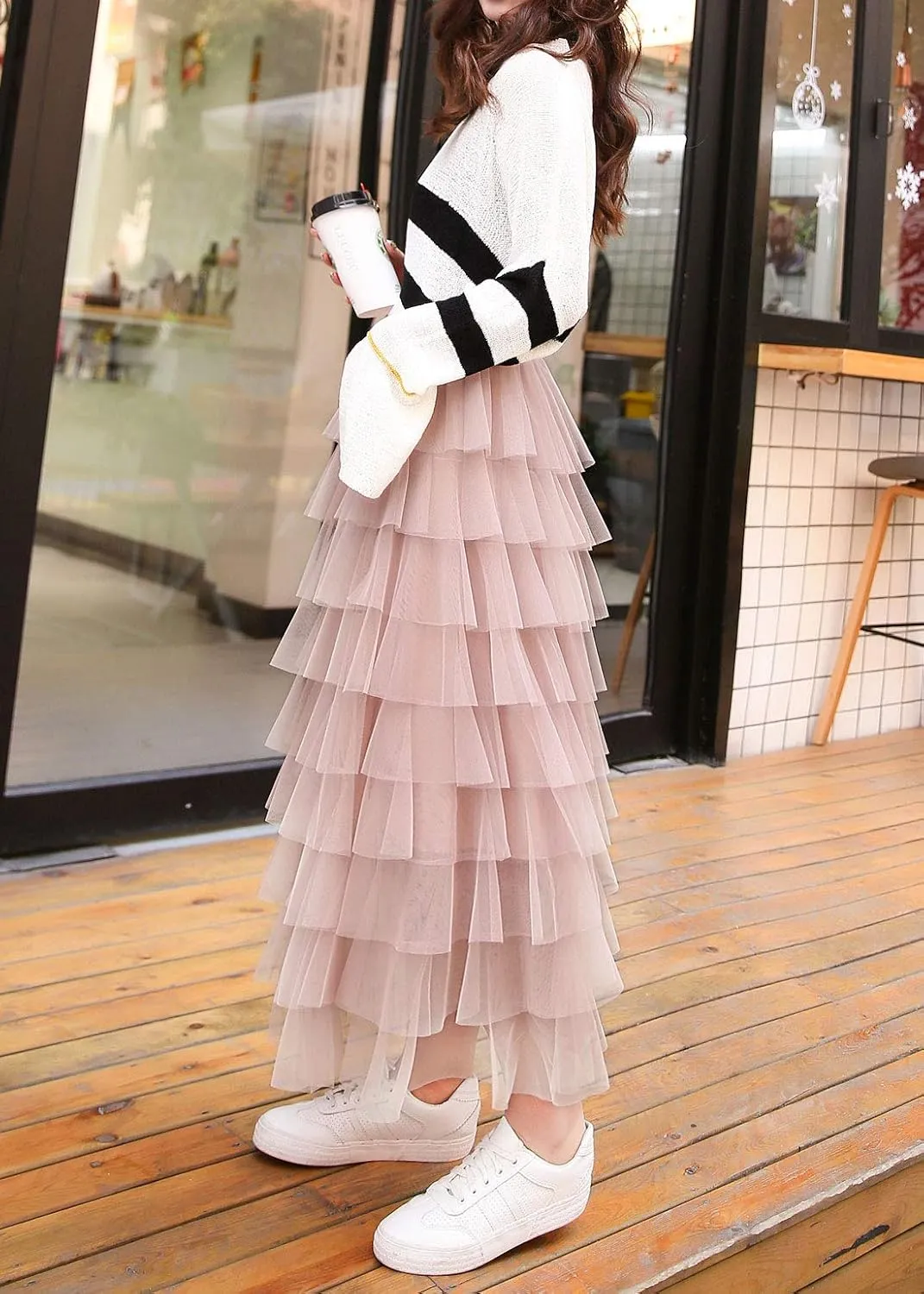 ebossy Women's Sweet Elastic Waist Tulle Layered Ruffles Mesh Long Tiered Skirt