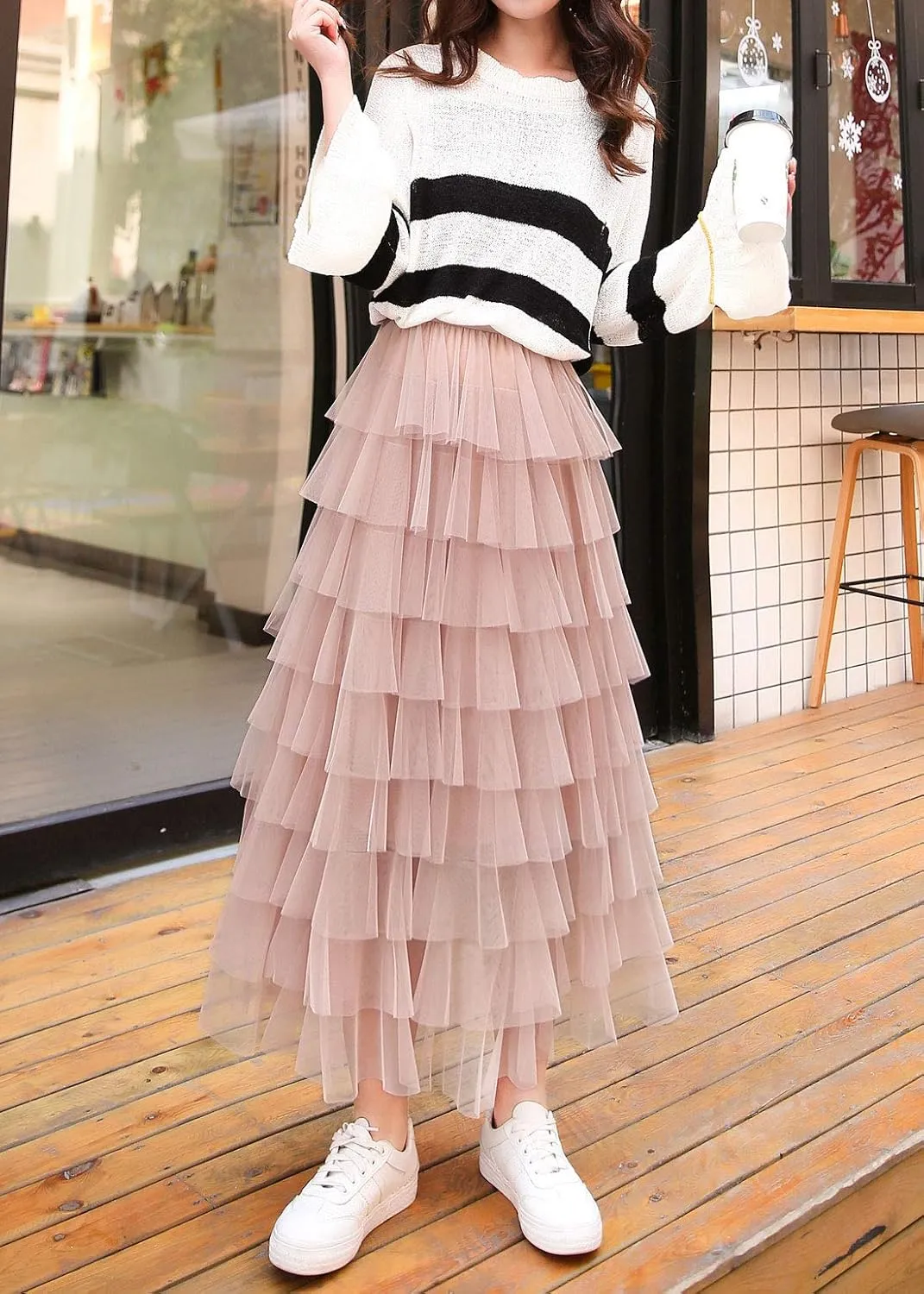 ebossy Women's Sweet Elastic Waist Tulle Layered Ruffles Mesh Long Tiered Skirt