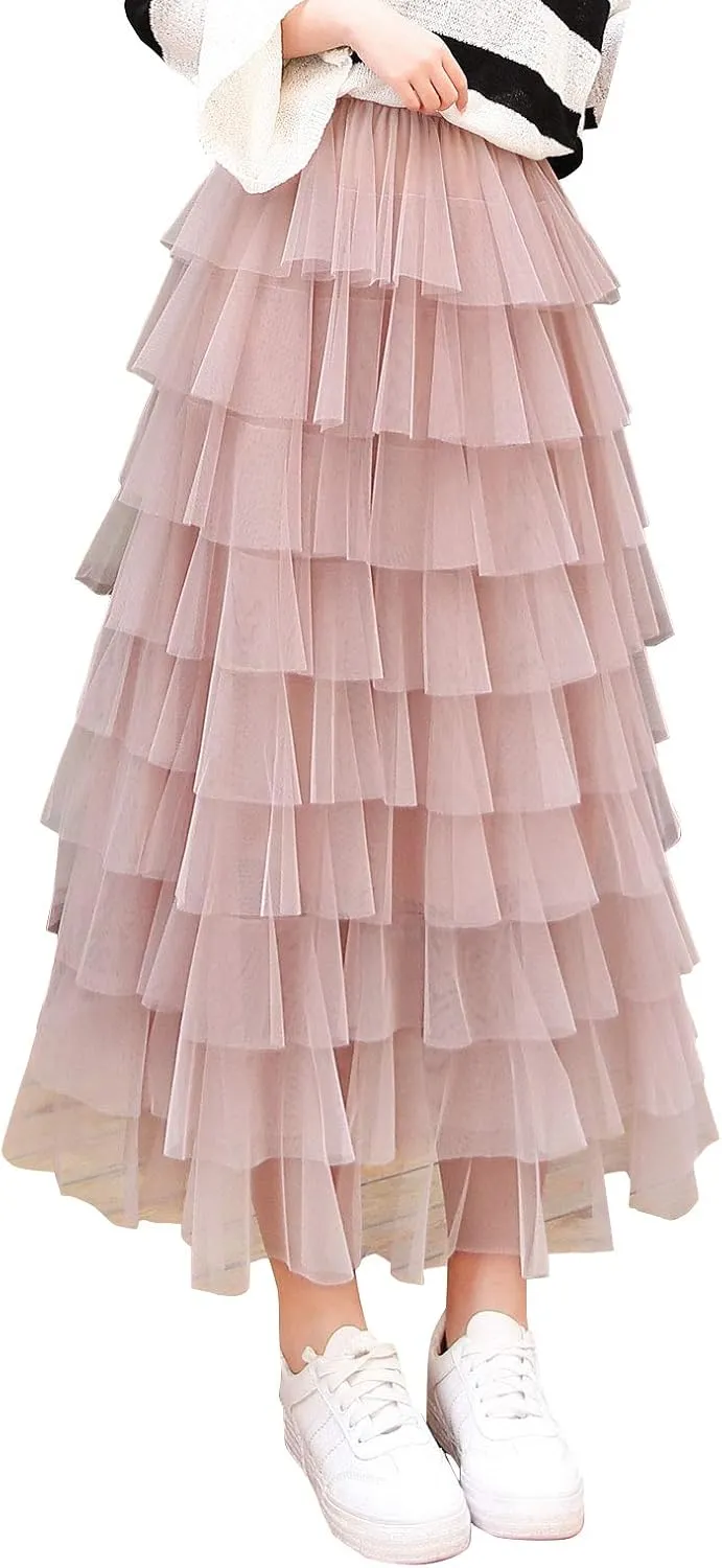 ebossy Women's Sweet Elastic Waist Tulle Layered Ruffles Mesh Long Tiered Skirt