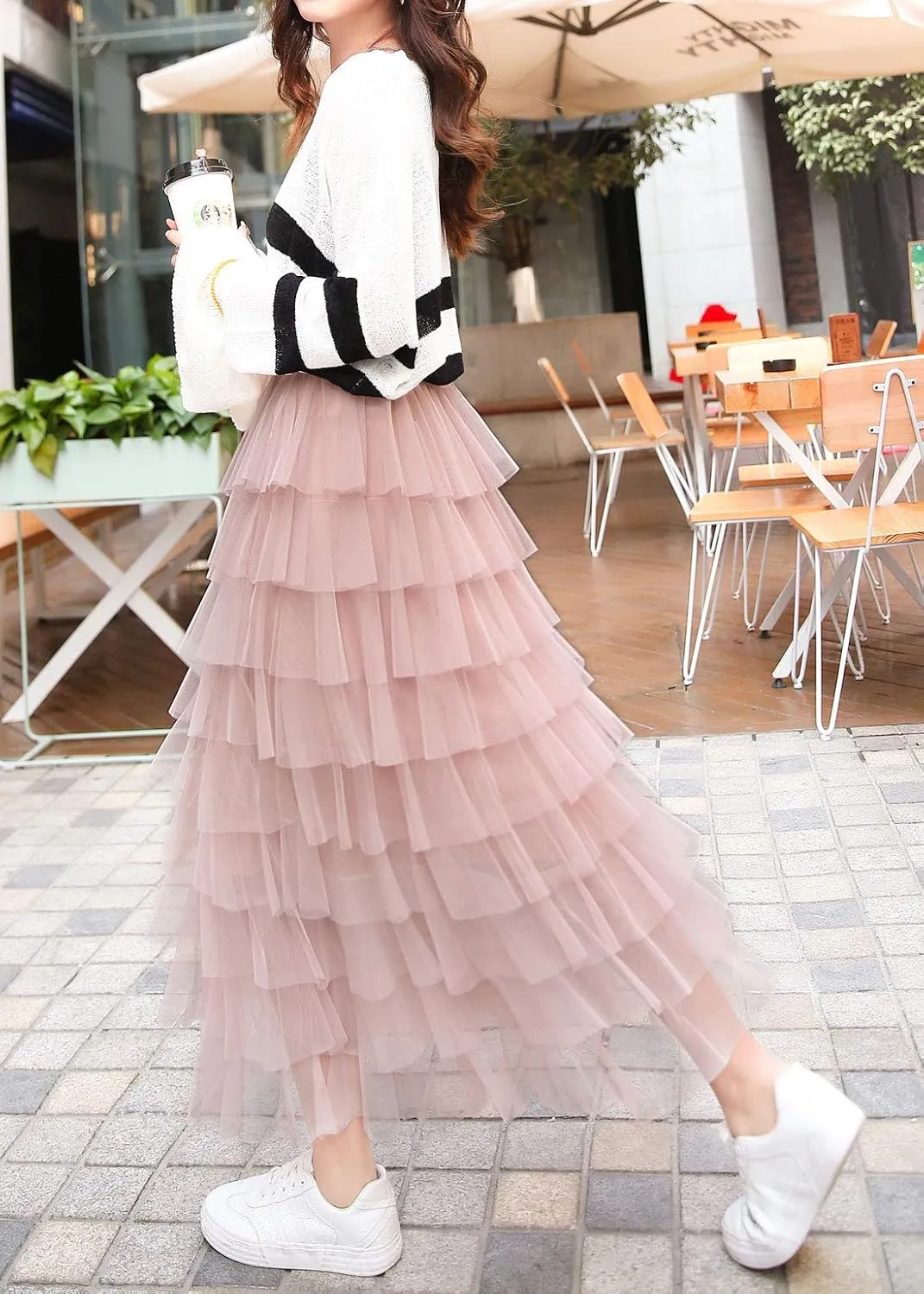 ebossy Women's Sweet Elastic Waist Tulle Layered Ruffles Mesh Long Tiered Skirt