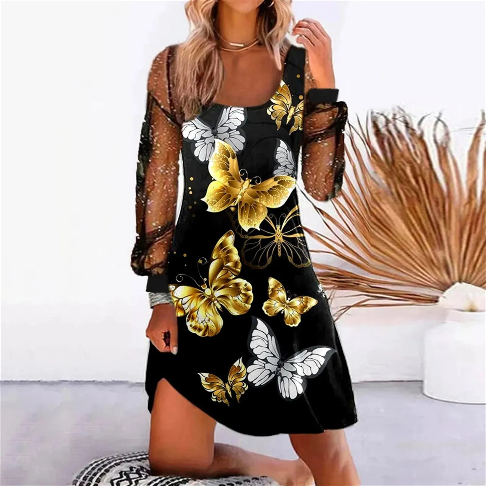 Elegant Party Summer Mesh Long Sleeve Slim A-Line Casual Glittery Dress