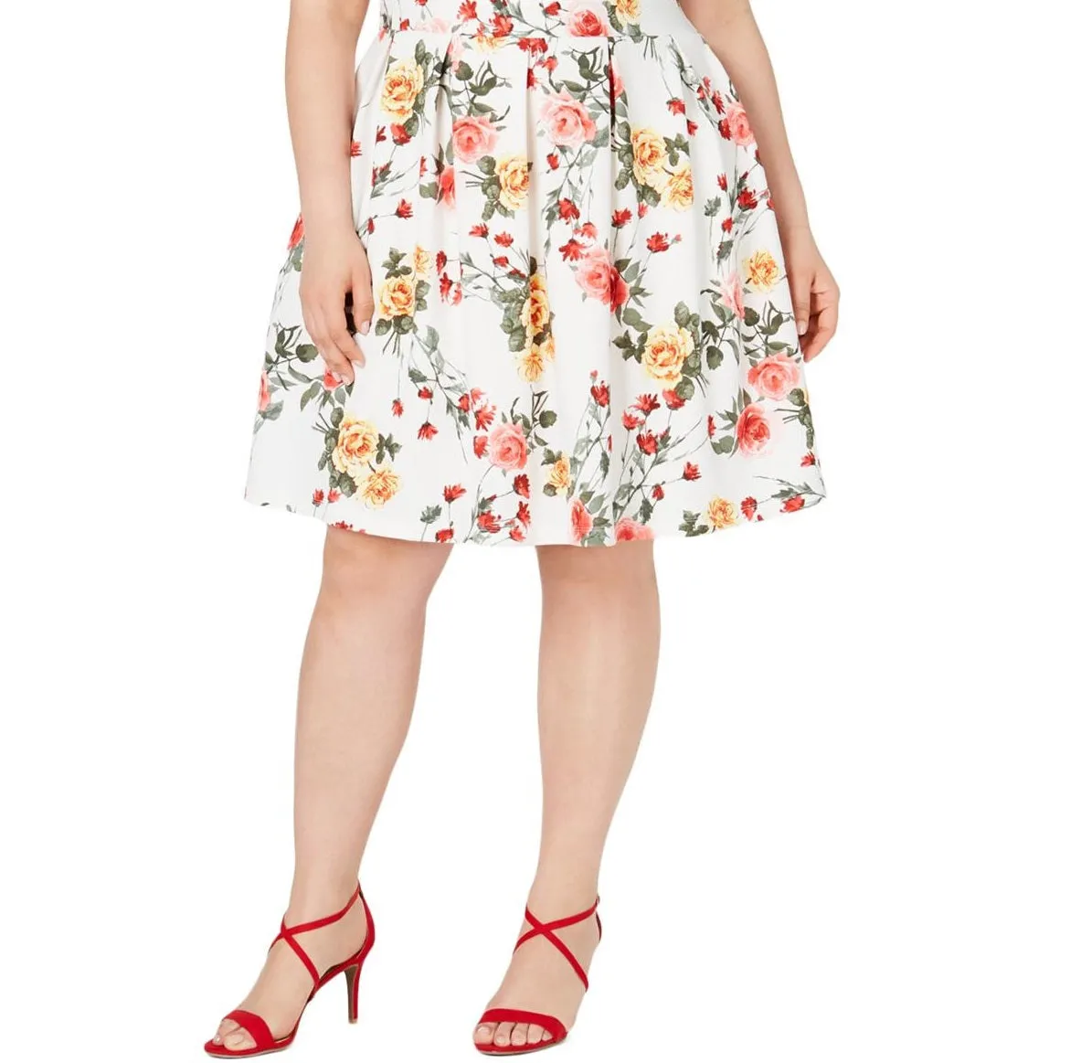 Emerald Sundae Women's Floral Cap Sleeve Crew Neck Knee Length Fit Flare Dress White Size 2X