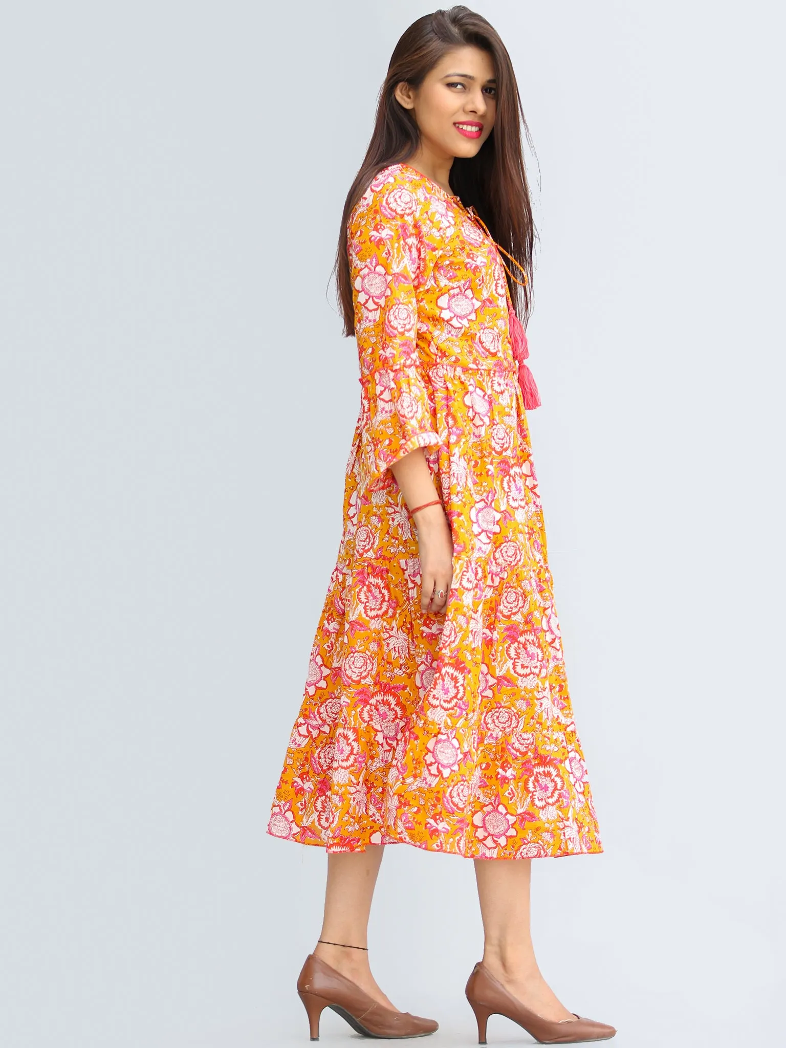 Fazna - Block Printed Cotton Midi Dress With Tassels - D425F2245