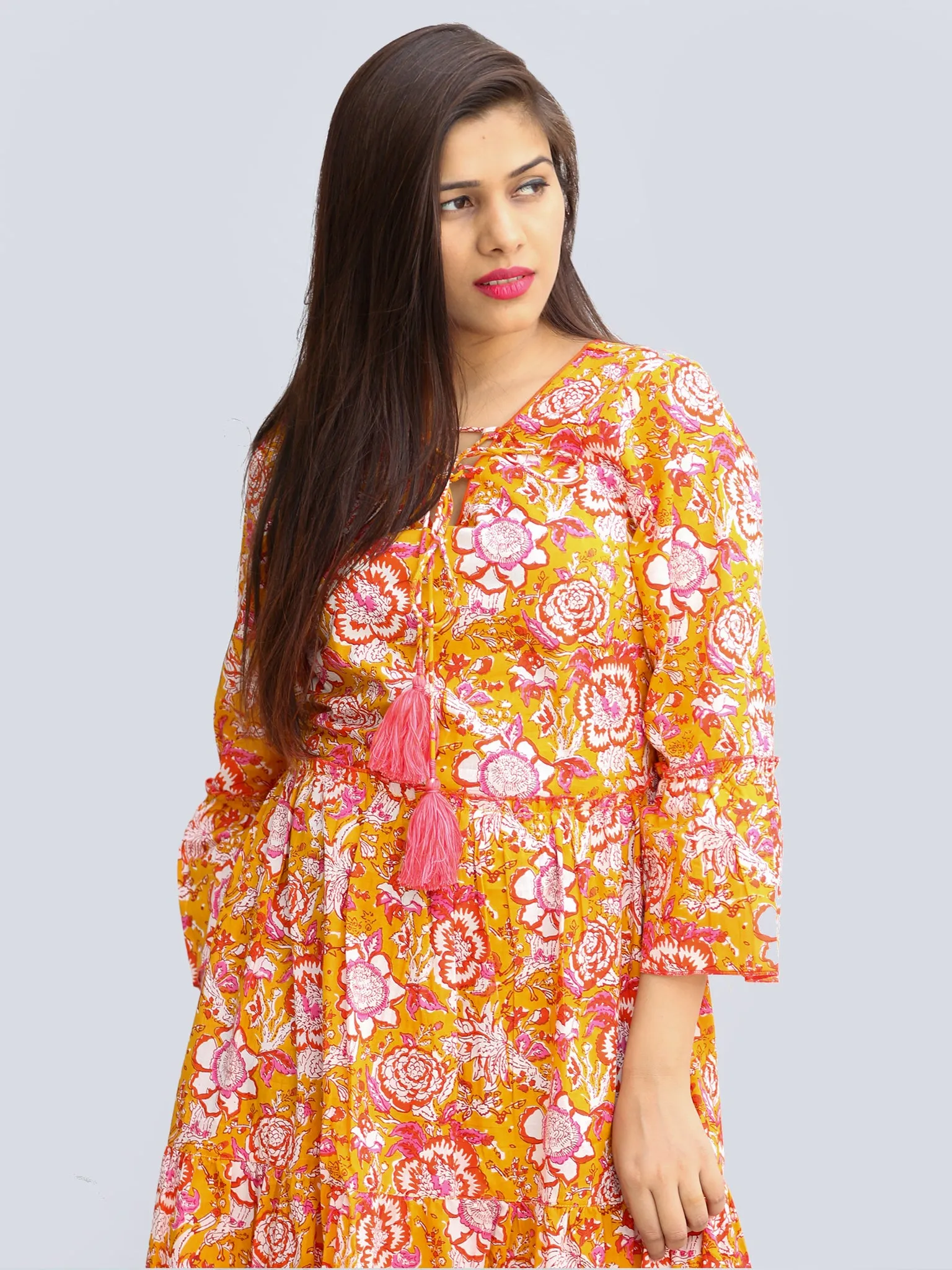 Fazna - Block Printed Cotton Midi Dress With Tassels - D425F2245