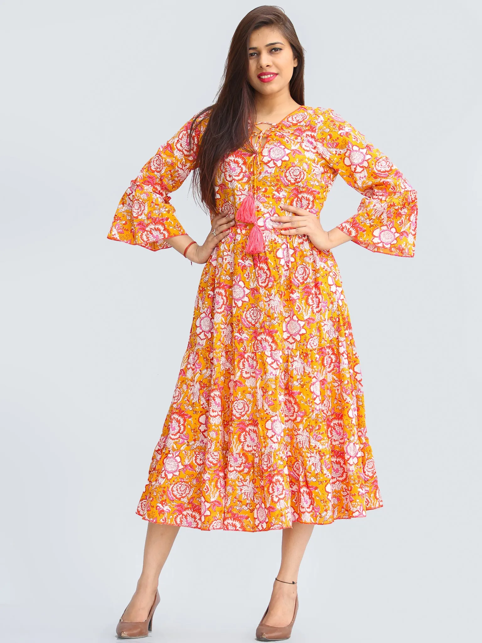 Fazna - Block Printed Cotton Midi Dress With Tassels - D425F2245