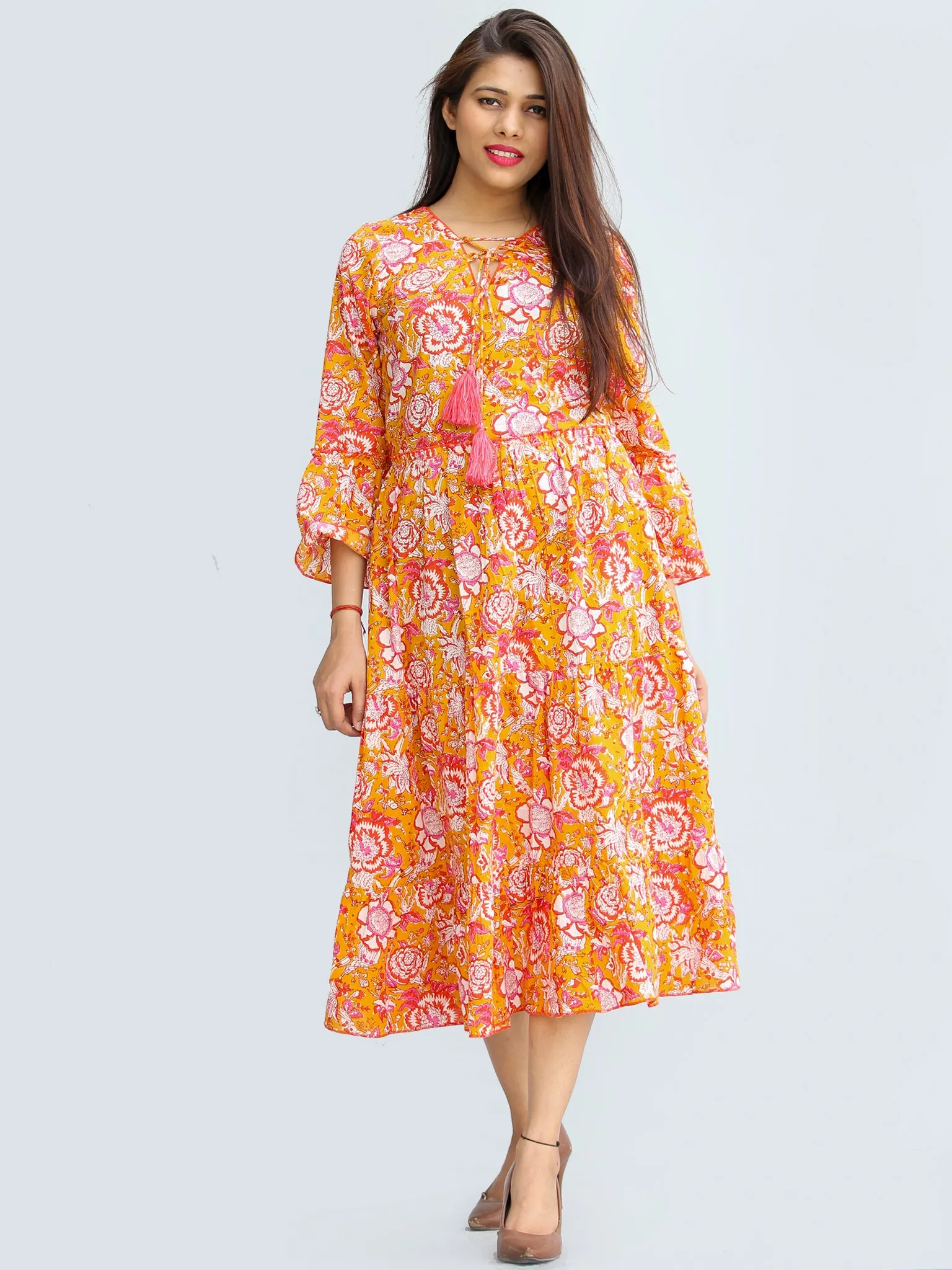 Fazna - Block Printed Cotton Midi Dress With Tassels - D425F2245