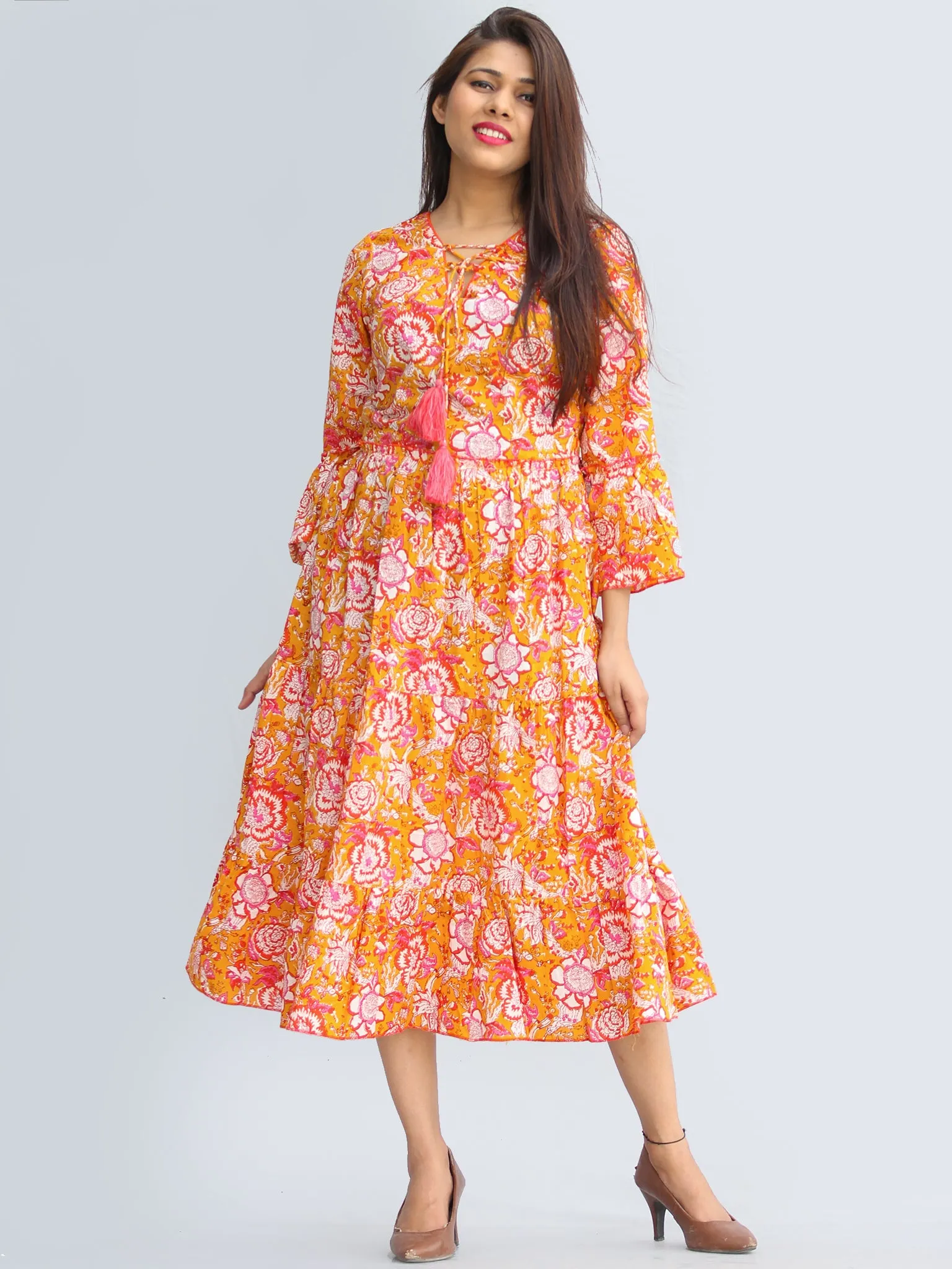 Fazna - Block Printed Cotton Midi Dress With Tassels - D425F2245