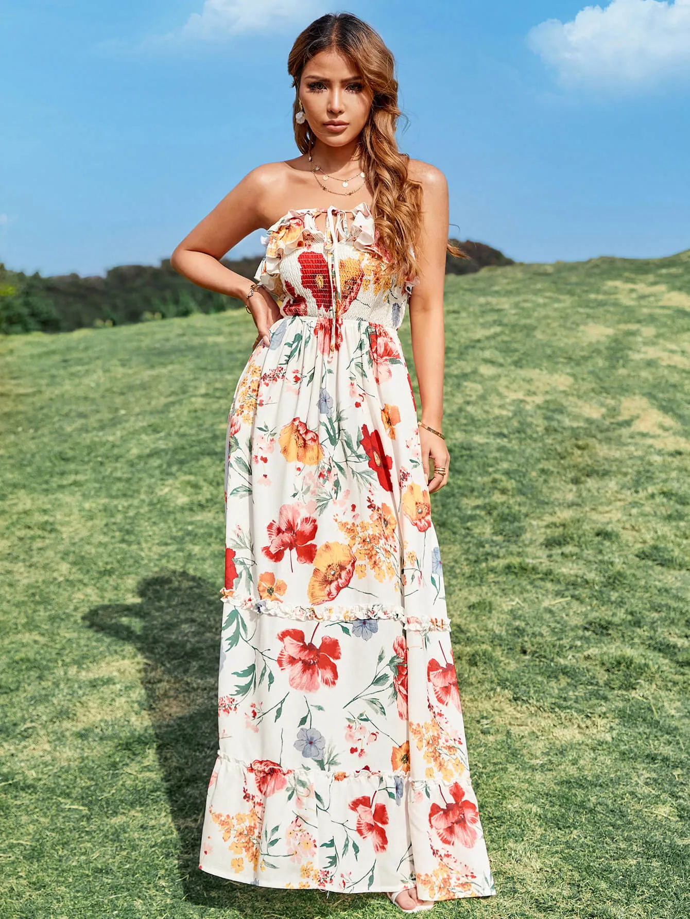 Floral Strapless Frill Trim Tiered Dress