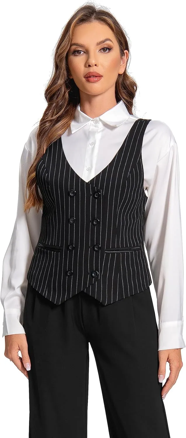 Foucome Womens Suit Vest Double Breasted V-Neck Fashion Dressy Casual Waistcoat Vest for Women