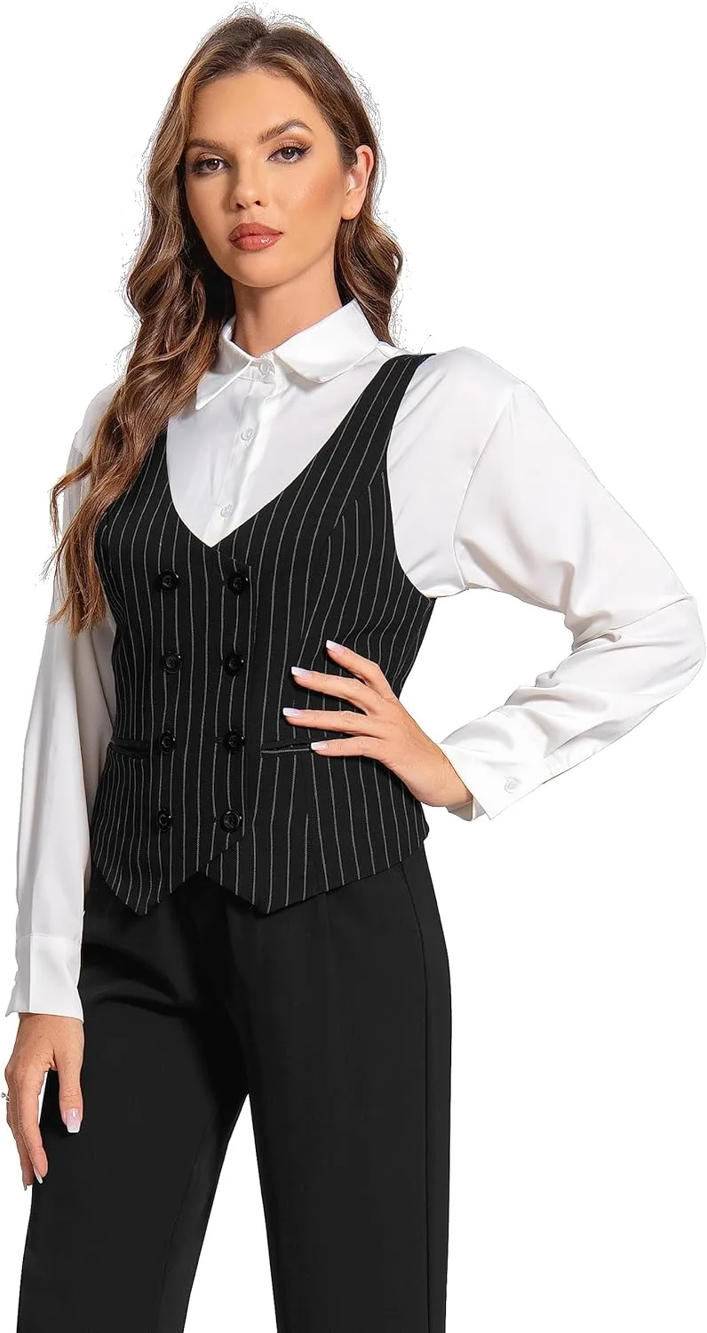 Foucome Womens Suit Vest Double Breasted V-Neck Fashion Dressy Casual Waistcoat Vest for Women