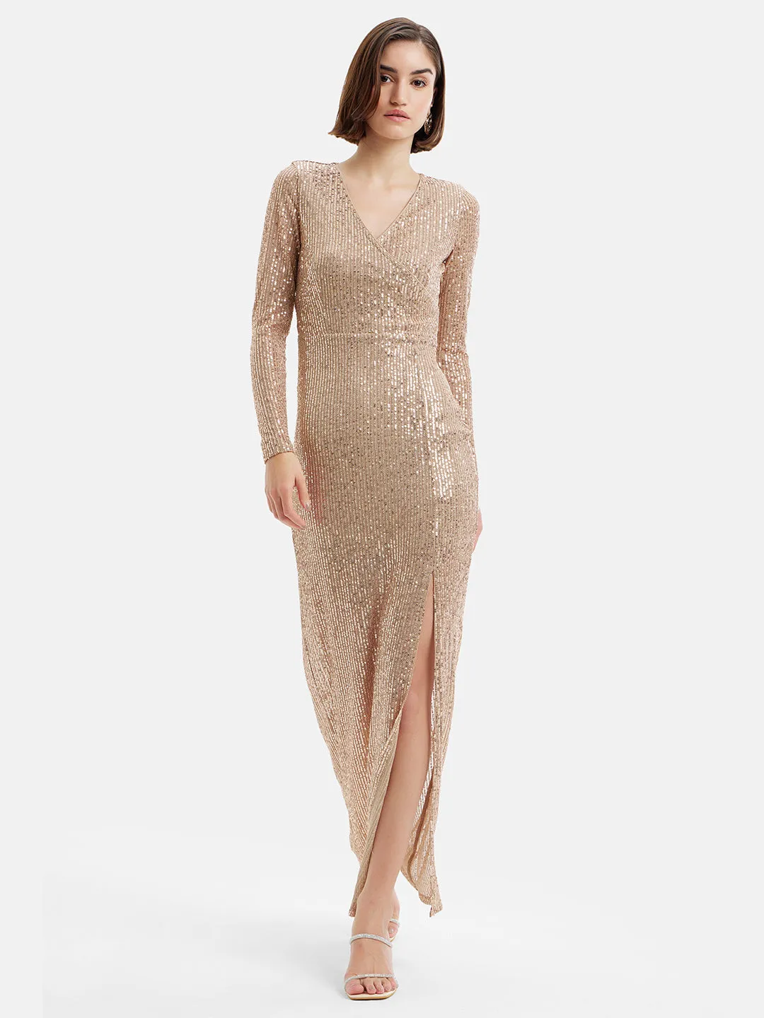 Full Sleeves Sequin Maxi Dress W Front Slit