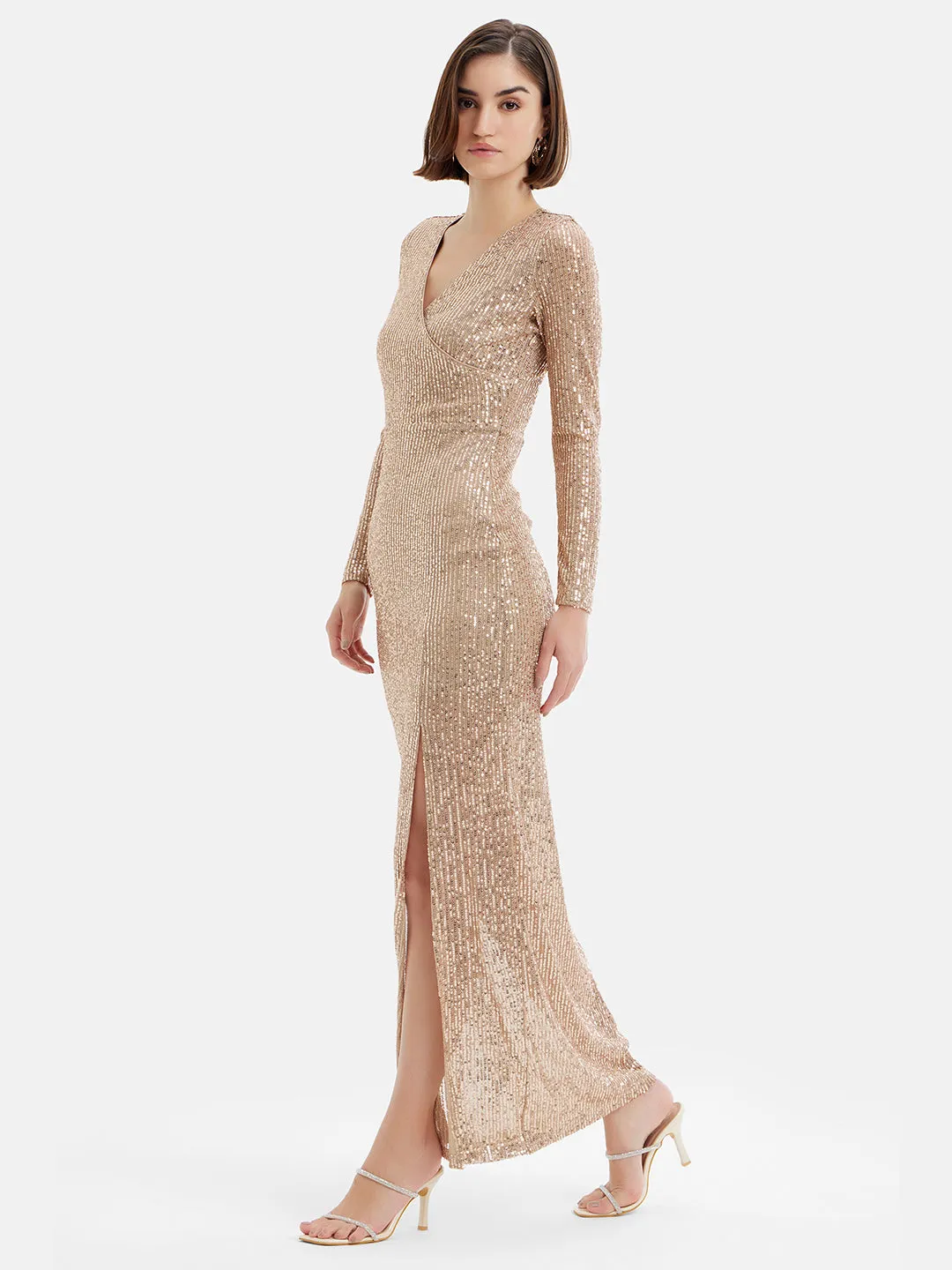 Full Sleeves Sequin Maxi Dress W Front Slit