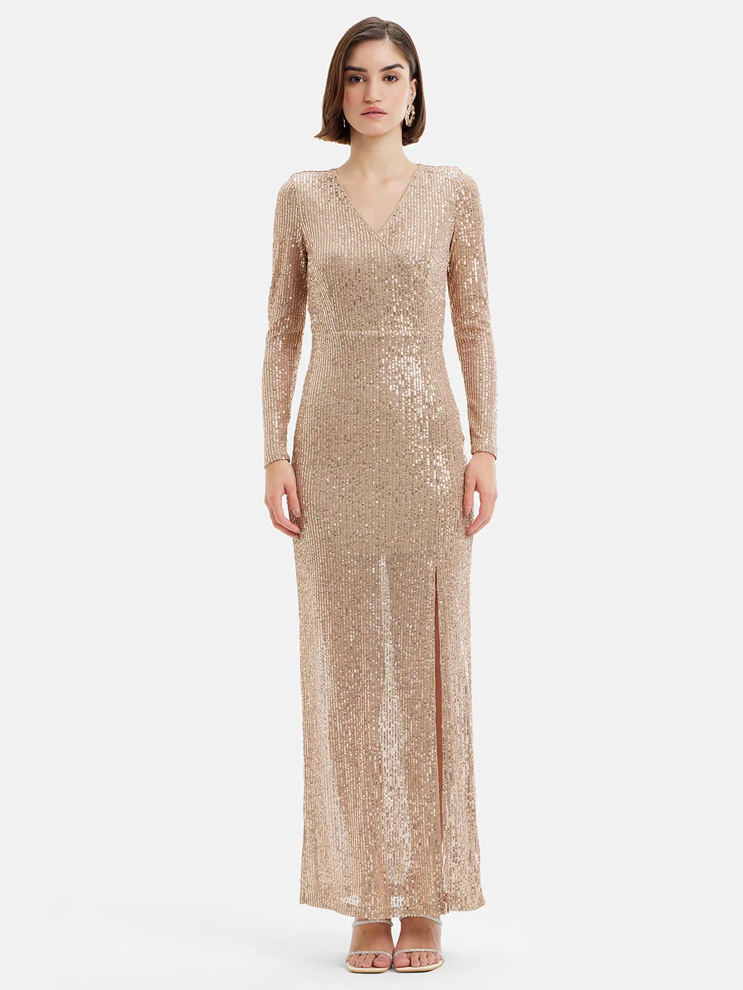 Full Sleeves Sequin Maxi Dress W Front Slit