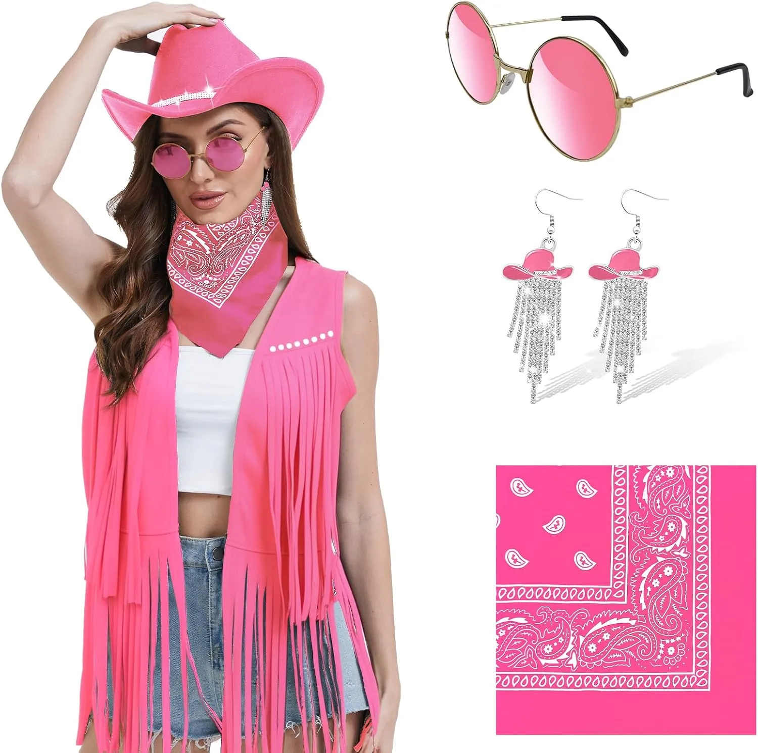 FunMular Western Outfit for Women Cowgirl Outfit Costume Accessories Disco Cowboy Hat Tassel Fringe Vest Earring Bandana