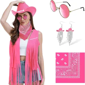 FunMular Western Outfit for Women Cowgirl Outfit Costume Accessories Disco Cowboy Hat Tassel Fringe Vest Earring Bandana