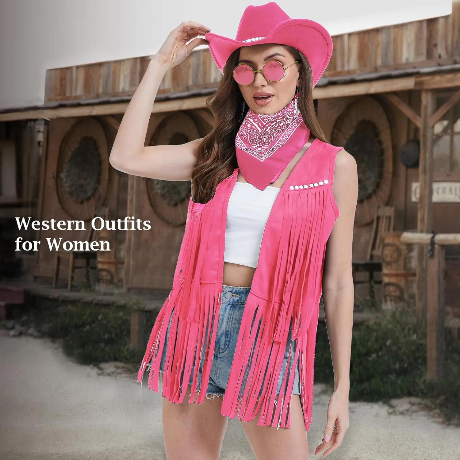 FunMular Western Outfit for Women Cowgirl Outfit Costume Accessories Disco Cowboy Hat Tassel Fringe Vest Earring Bandana