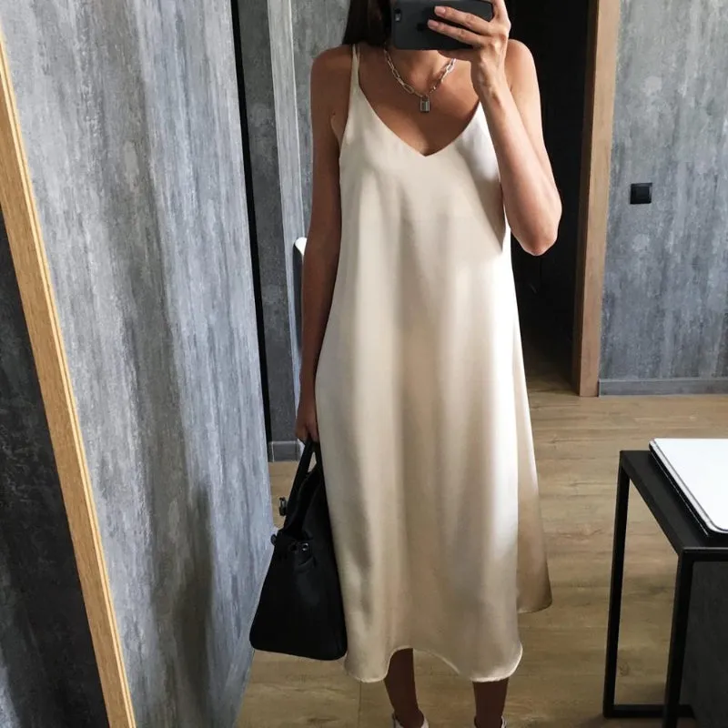 Glossy Silk Fashion Spaghetti Strap Mid-Calf Dresses