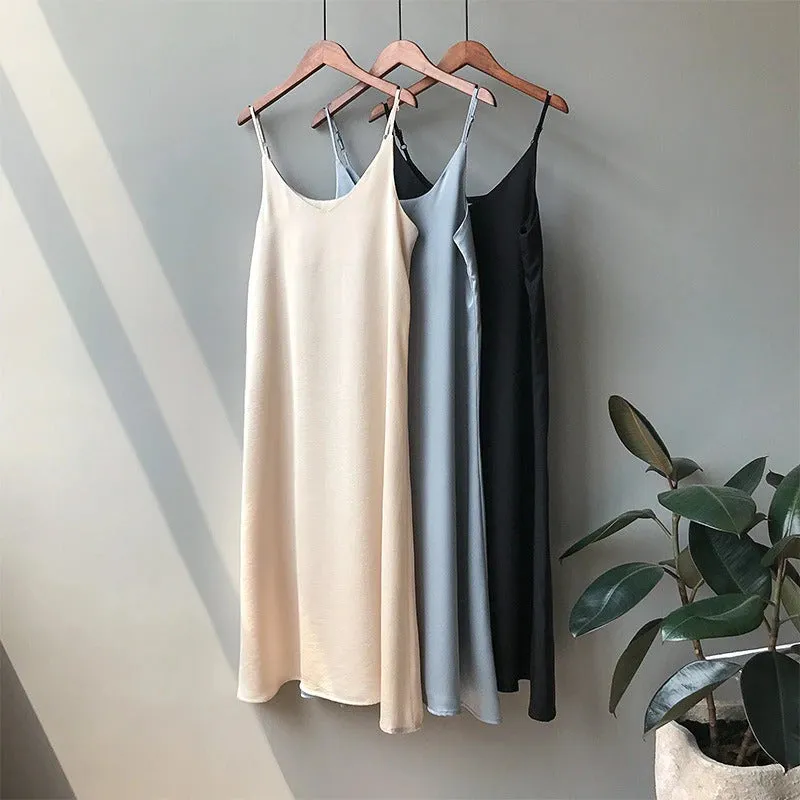 Glossy Silk Fashion Spaghetti Strap Mid-Calf Dresses