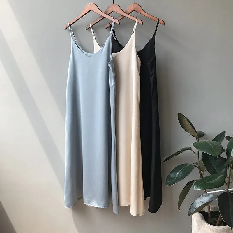 Glossy Silk Fashion Spaghetti Strap Mid-Calf Dresses