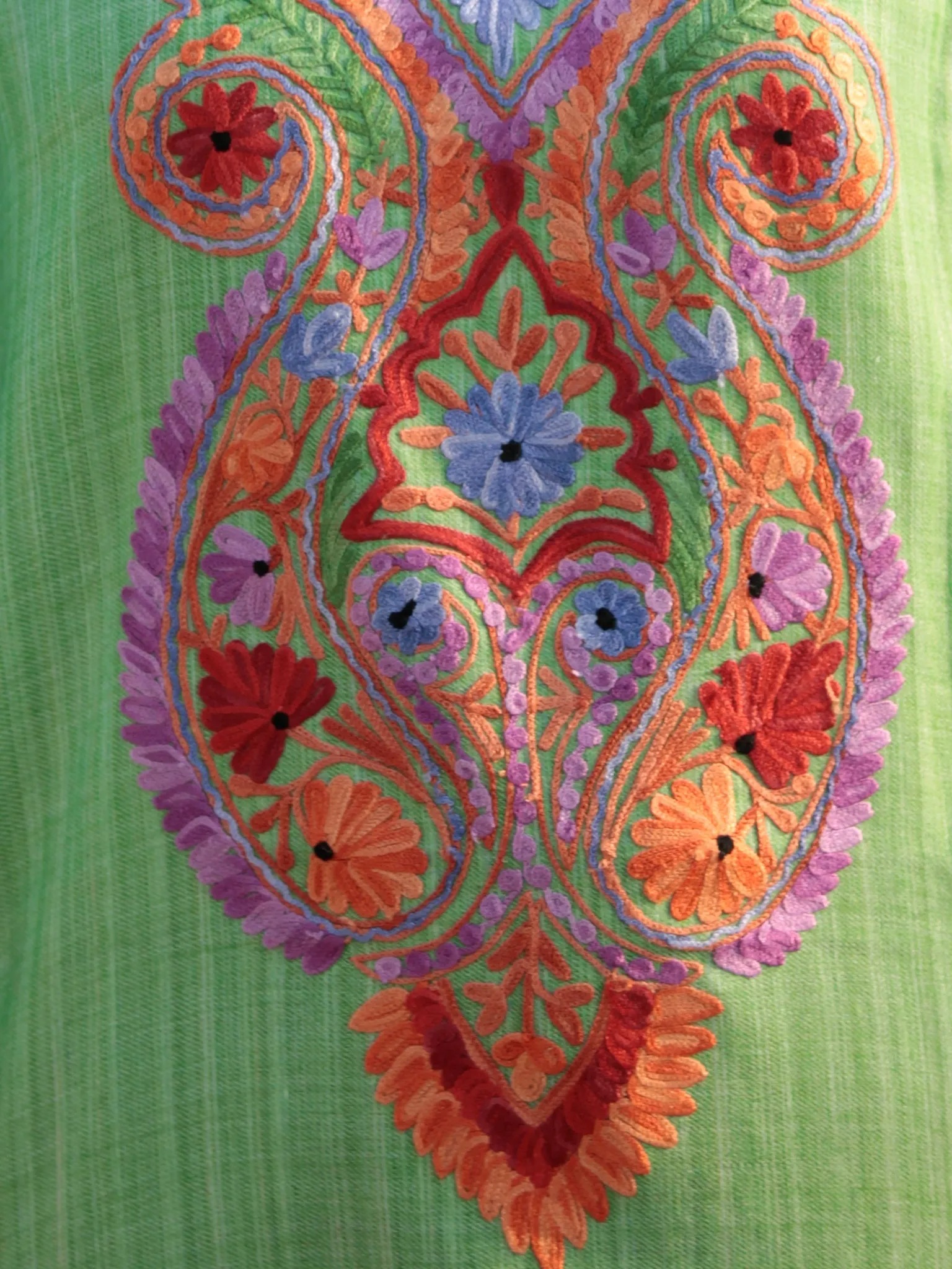 Green Red Orange Blue Ivory Aari Embroidered Short Kashmere Kaftan  - K11K029