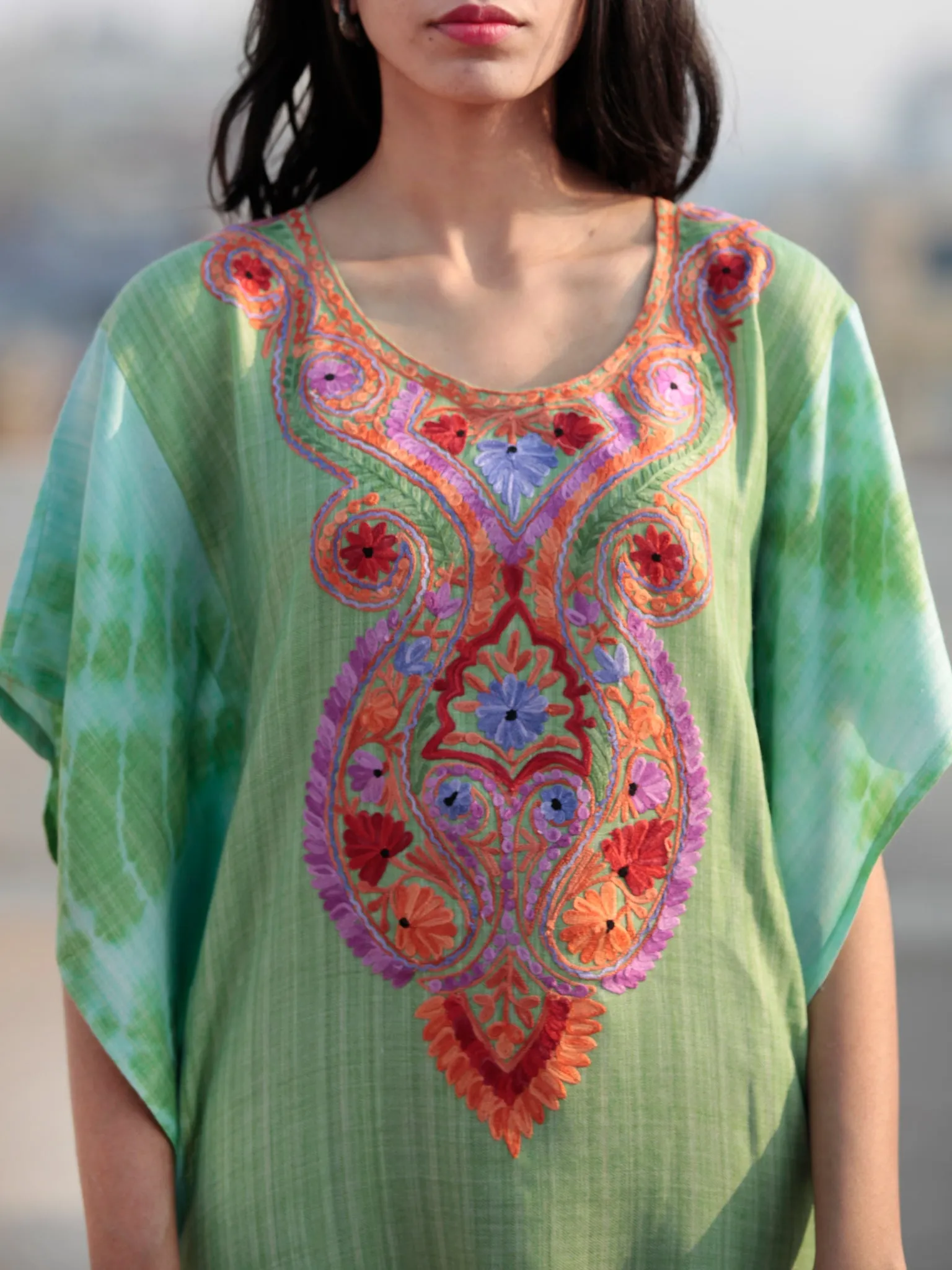 Green Red Orange Blue Ivory Aari Embroidered Short Kashmere Kaftan  - K11K029