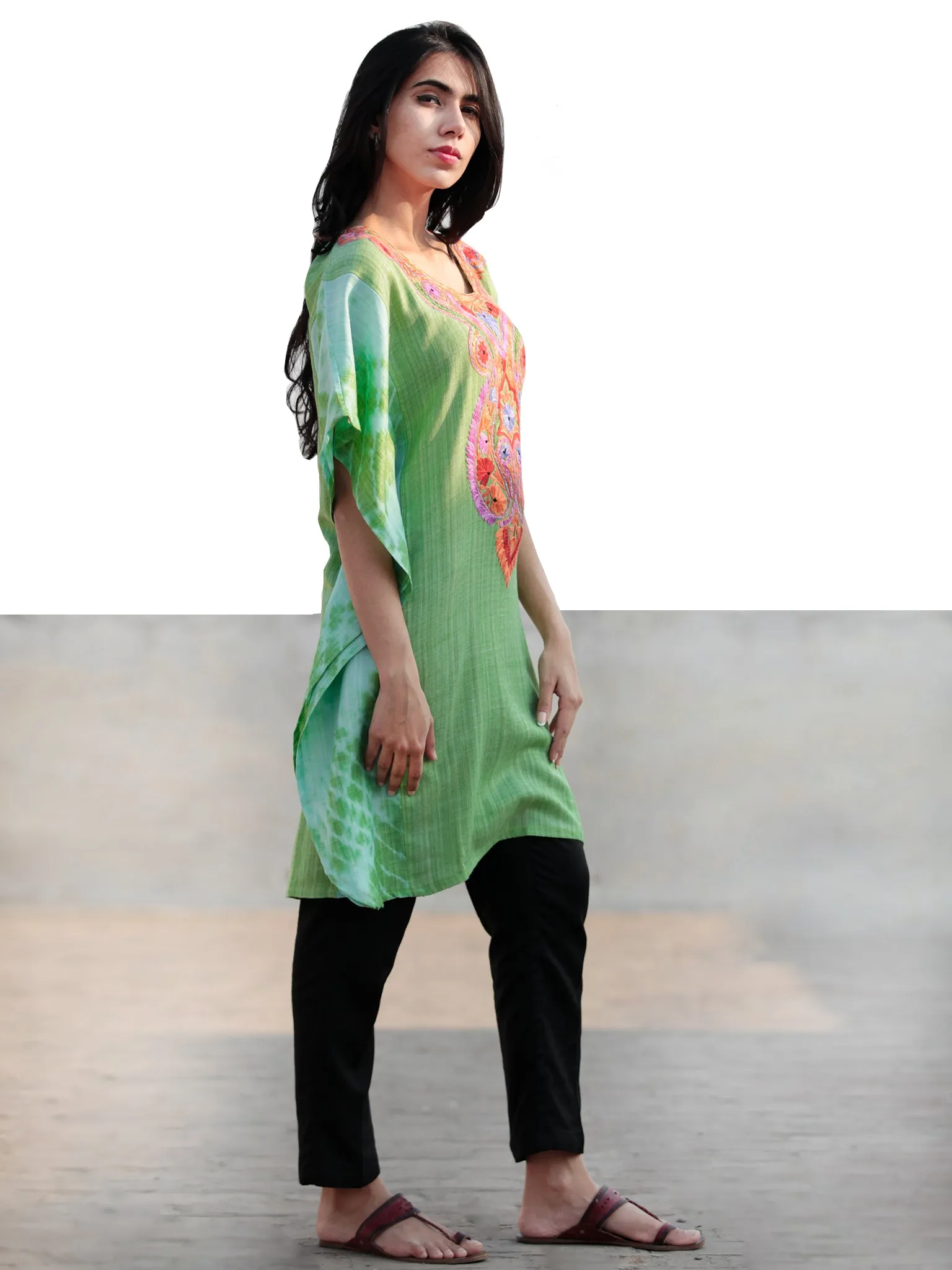 Green Red Orange Blue Ivory Aari Embroidered Short Kashmere Kaftan  - K11K029