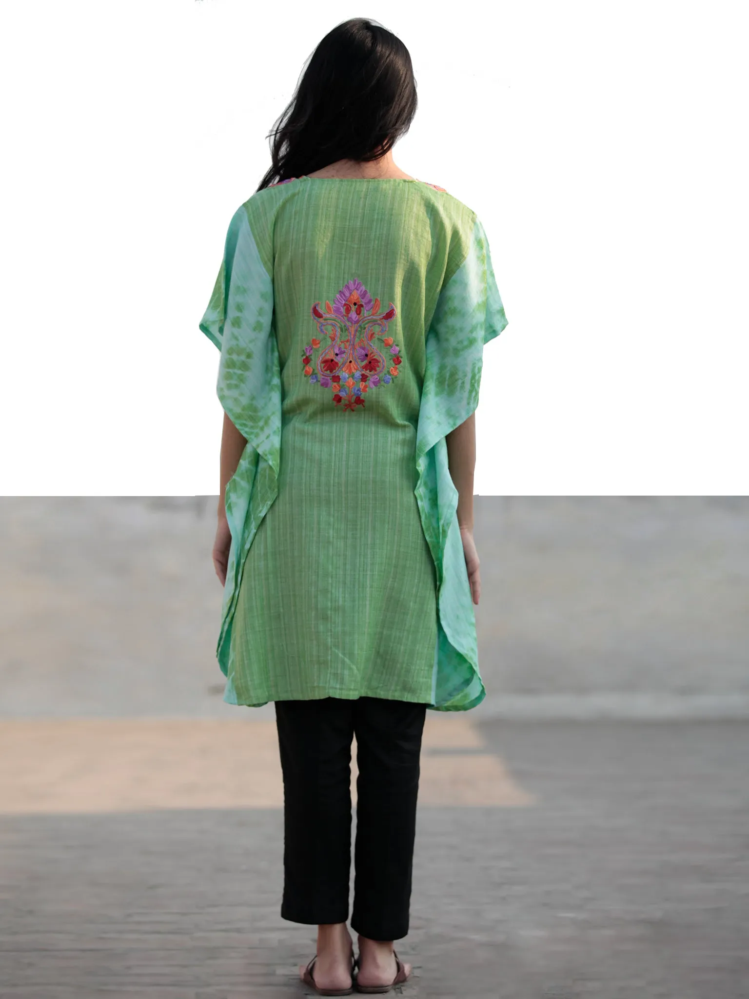 Green Red Orange Blue Ivory Aari Embroidered Short Kashmere Kaftan  - K11K029