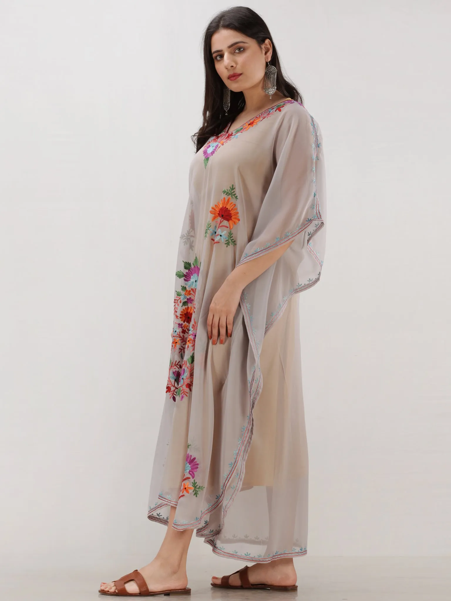 Grey Multicolor Aari Embroidered Kashmere Free Size Georgette Kaftan  - K12K014