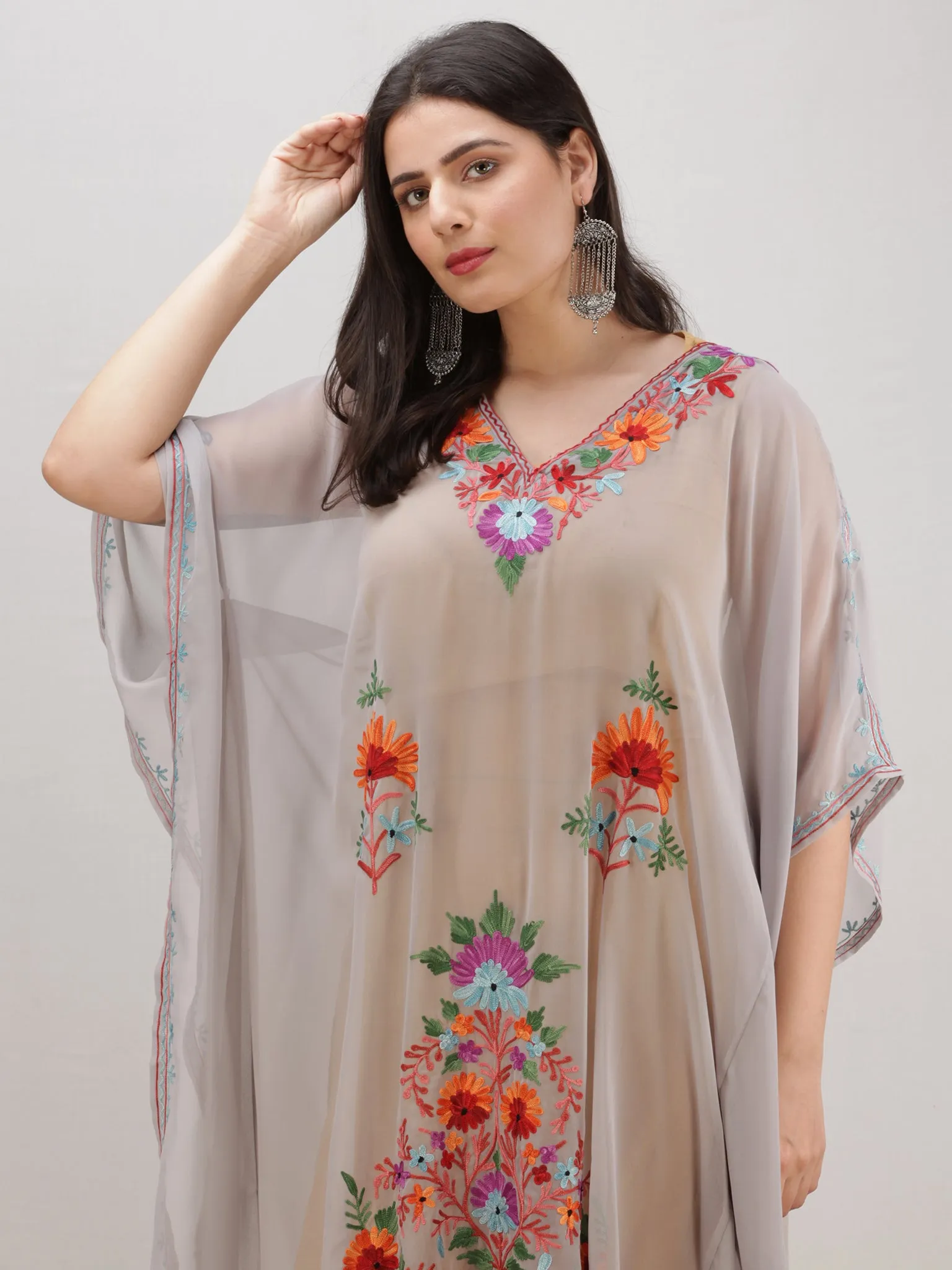 Grey Multicolor Aari Embroidered Kashmere Free Size Georgette Kaftan  - K12K014