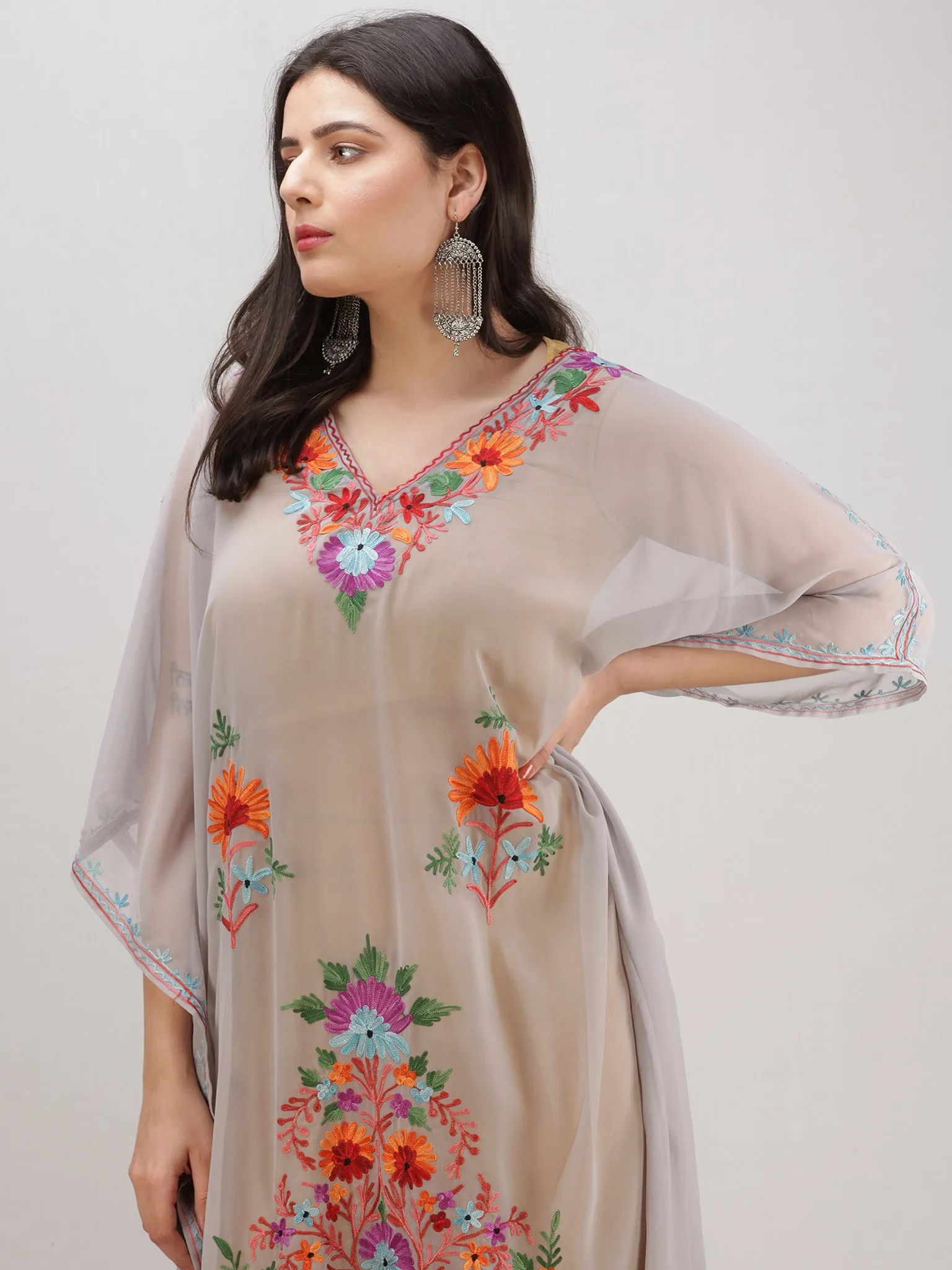 Grey Multicolor Aari Embroidered Kashmere Free Size Georgette Kaftan  - K12K014