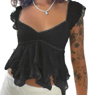HOXIJIA Women Y2K Floral Lace Tank Top Sexy V Neck Sheer Mesh See Through Crop Vest Cute Short Sleeve Ruched Ruffle Shirt