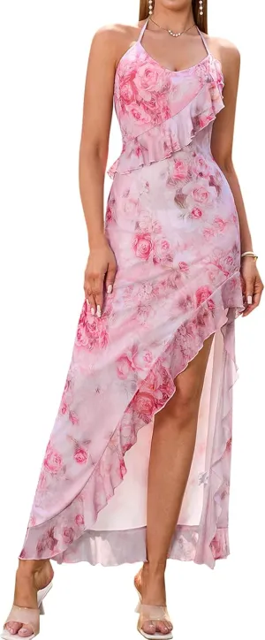 HTZMO Women Summer Floral Sexy V Neck Slit Maxi Dress Halter Tie Ruffle Flowy Casual Boho Beach Party Long Dresses