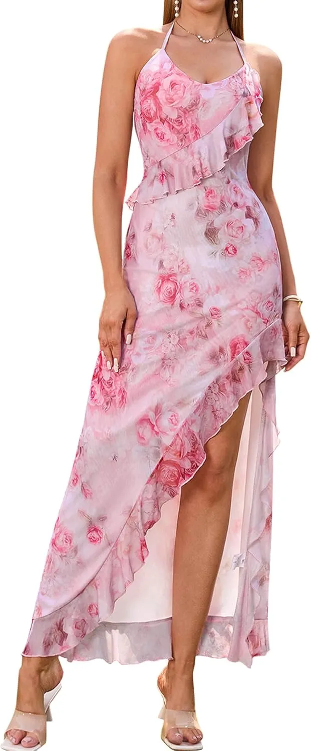HTZMO Women Summer Floral Sexy V Neck Slit Maxi Dress Halter Tie Ruffle Flowy Casual Boho Beach Party Long Dresses
