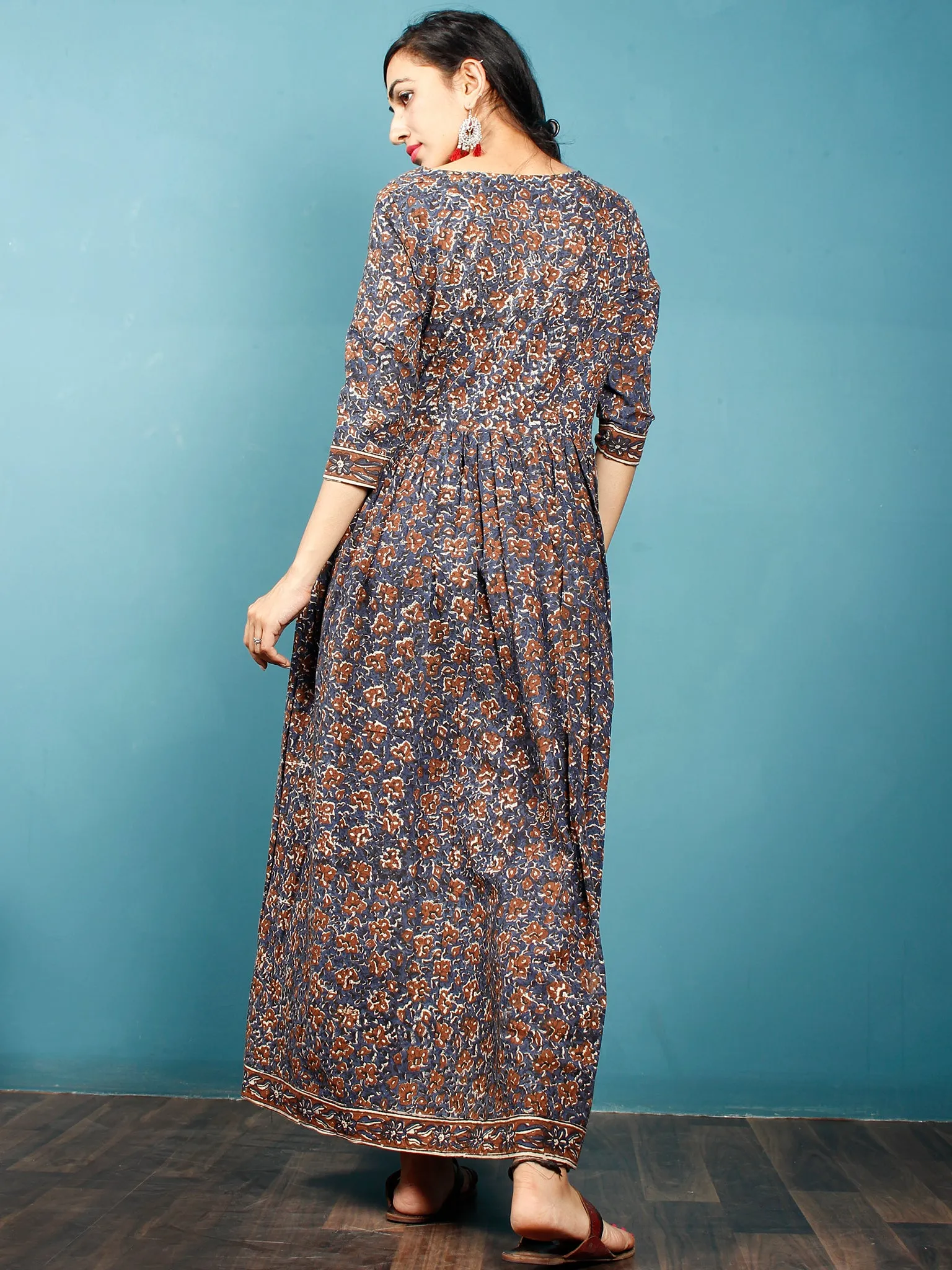 Indigo Black Brown Beige Hand Block Printed Cotton Long Dress With Front Pockets - D259F1378