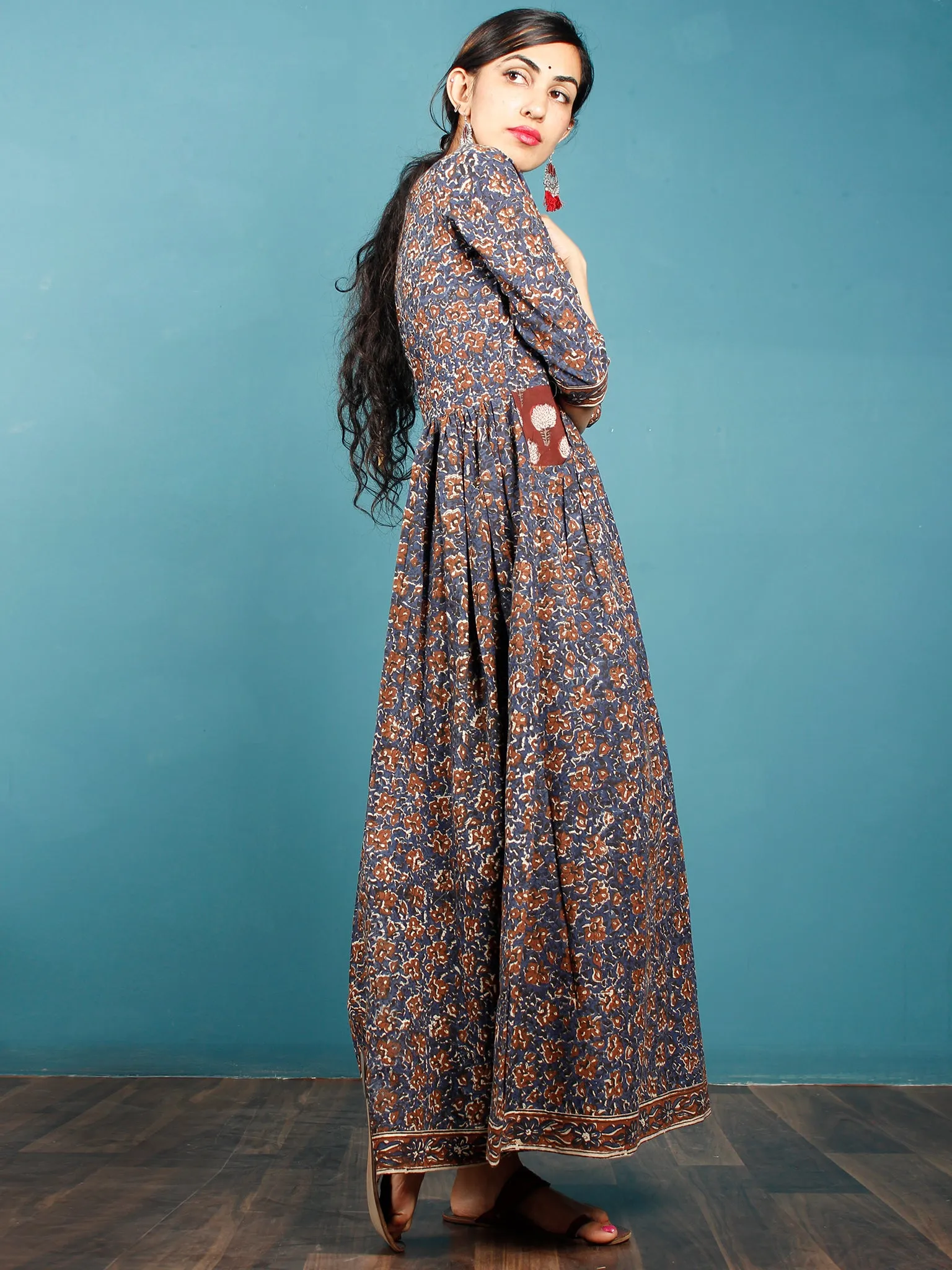 Indigo Black Brown Beige Hand Block Printed Cotton Long Dress With Front Pockets - D259F1378
