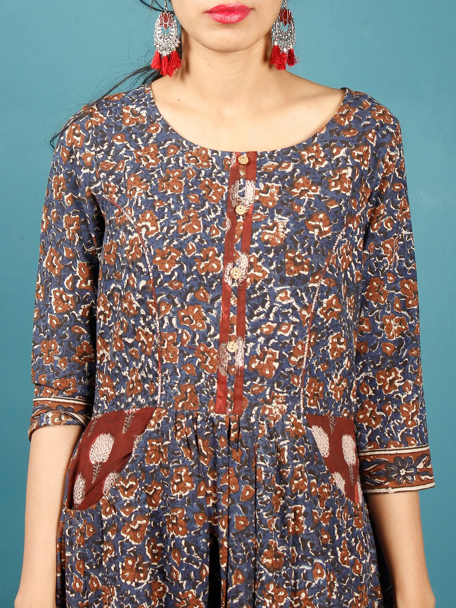 Indigo Black Brown Beige Hand Block Printed Cotton Long Dress With Front Pockets - D259F1378