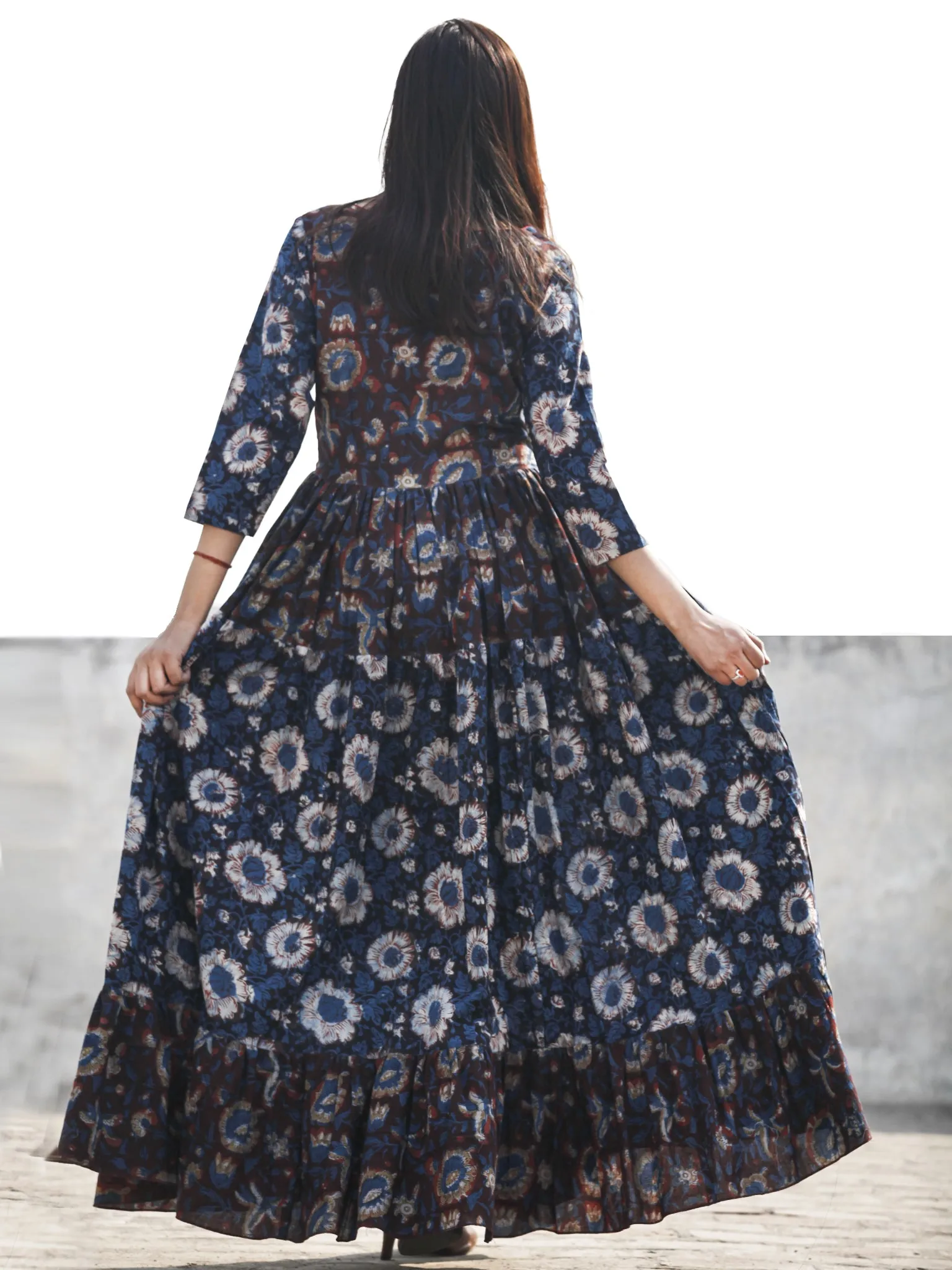 Indigo Brown Rust Long Hand Block Printed Cotton Tier Dress With Pintucks  - D180F613