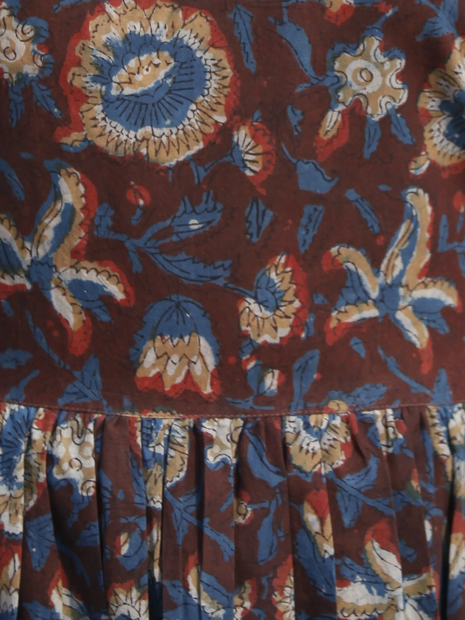 Indigo Brown Rust Long Hand Block Printed Cotton Tier Dress With Pintucks  - D180F613