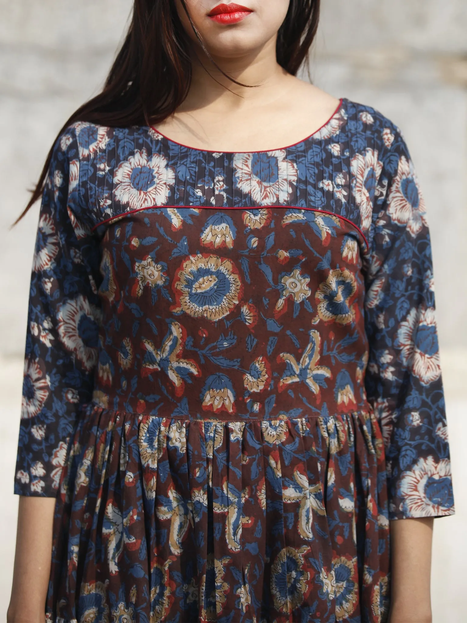 Indigo Brown Rust Long Hand Block Printed Cotton Tier Dress With Pintucks  - D180F613
