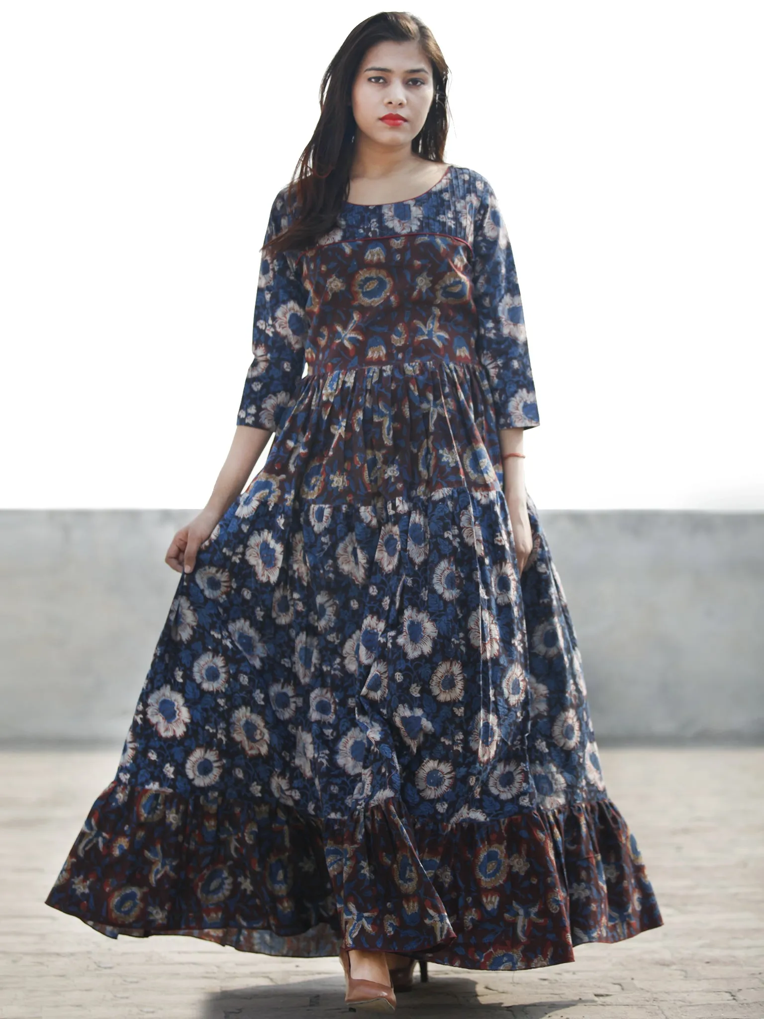 Indigo Brown Rust Long Hand Block Printed Cotton Tier Dress With Pintucks  - D180F613